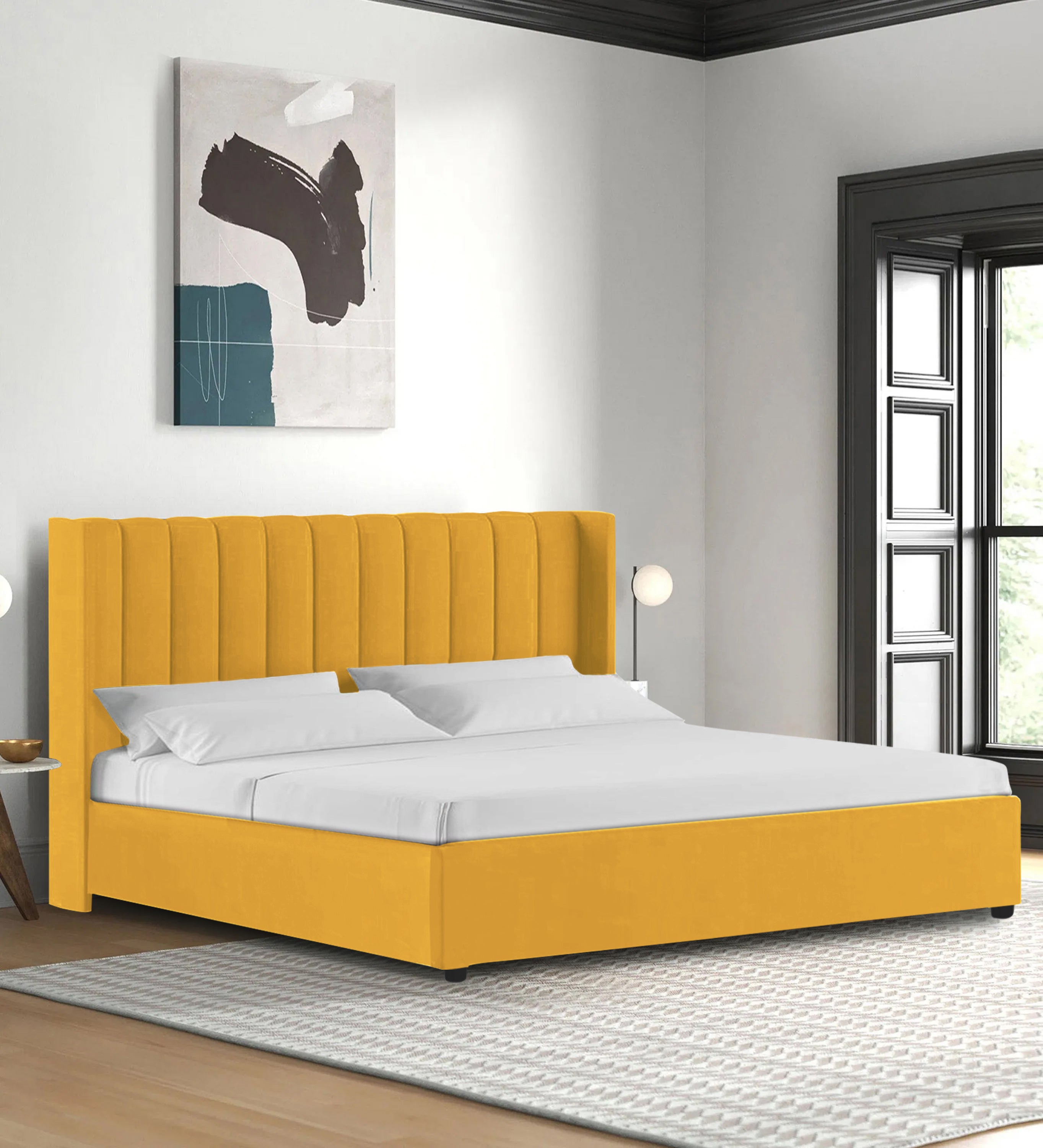 Colina Fabric Queen Size Bed In Bold Yellow Colour With Box Storage