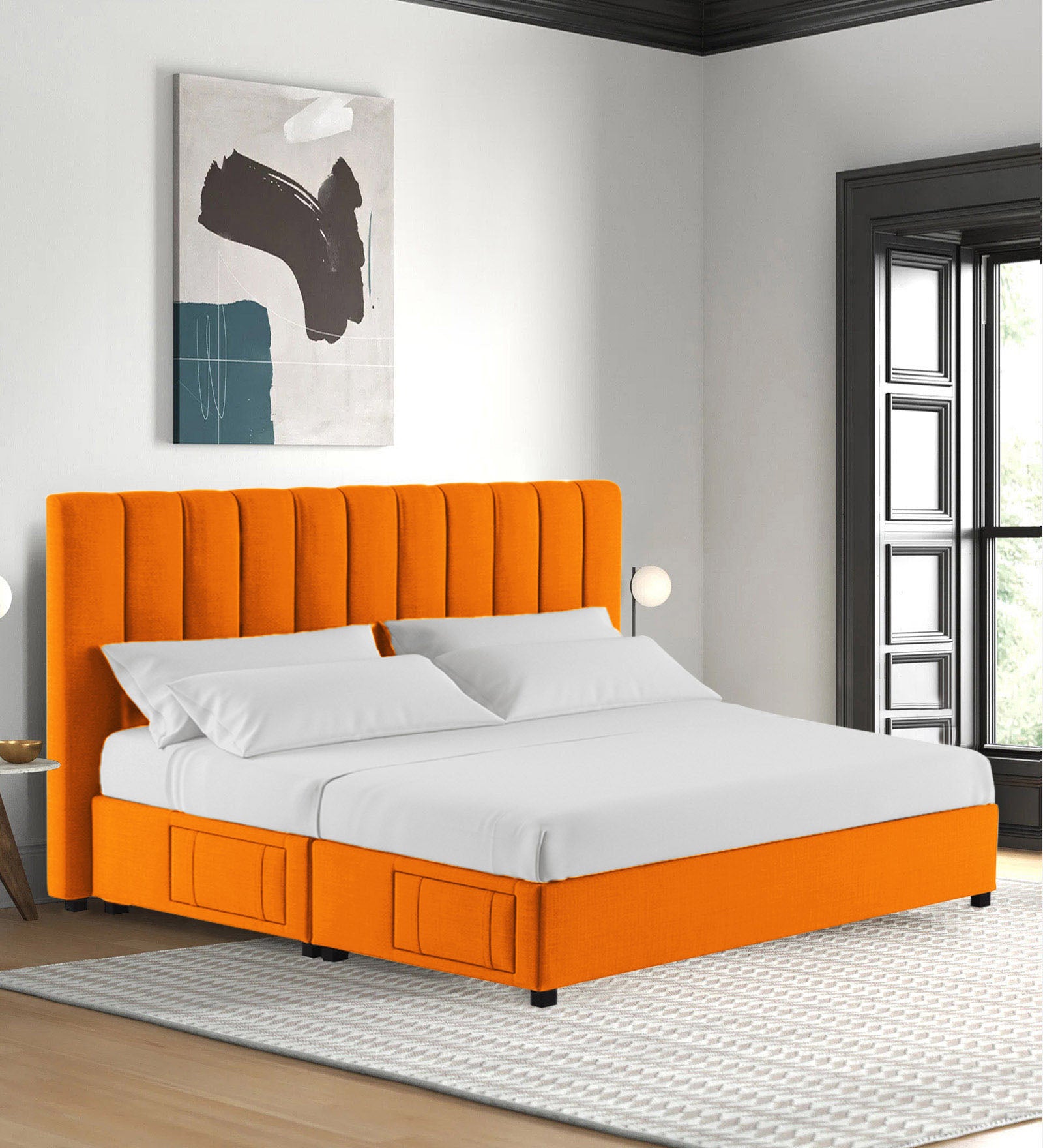 Nivi Fabric King Size Bed In Vivid Orange Colour With Drawer Storage