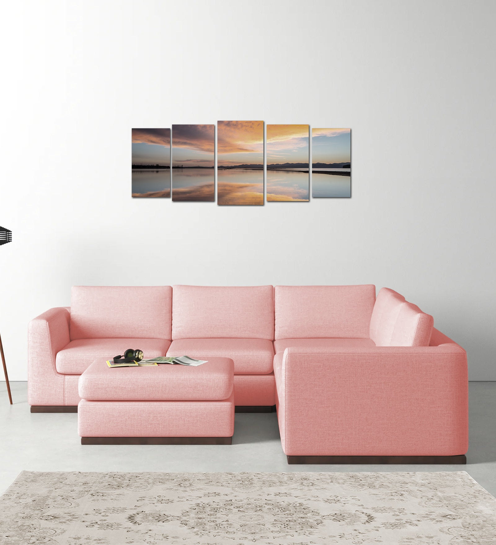 Freedom Velvet 6 Seater RHS Sectional Sofa In Millennial Pink Colour