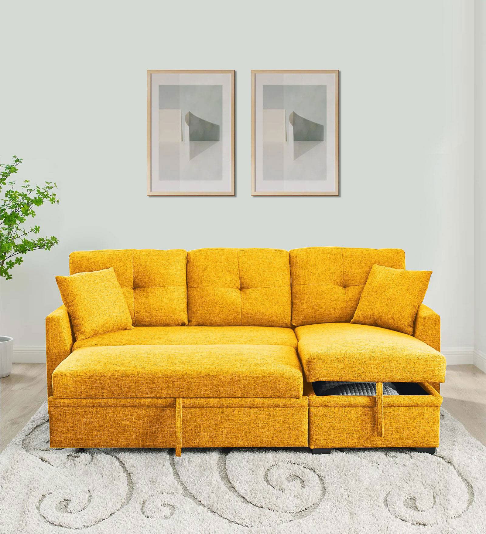 Jody Fabric 3 Seater Pull Out Sofa Cum Bed In Bold Yellow Colour