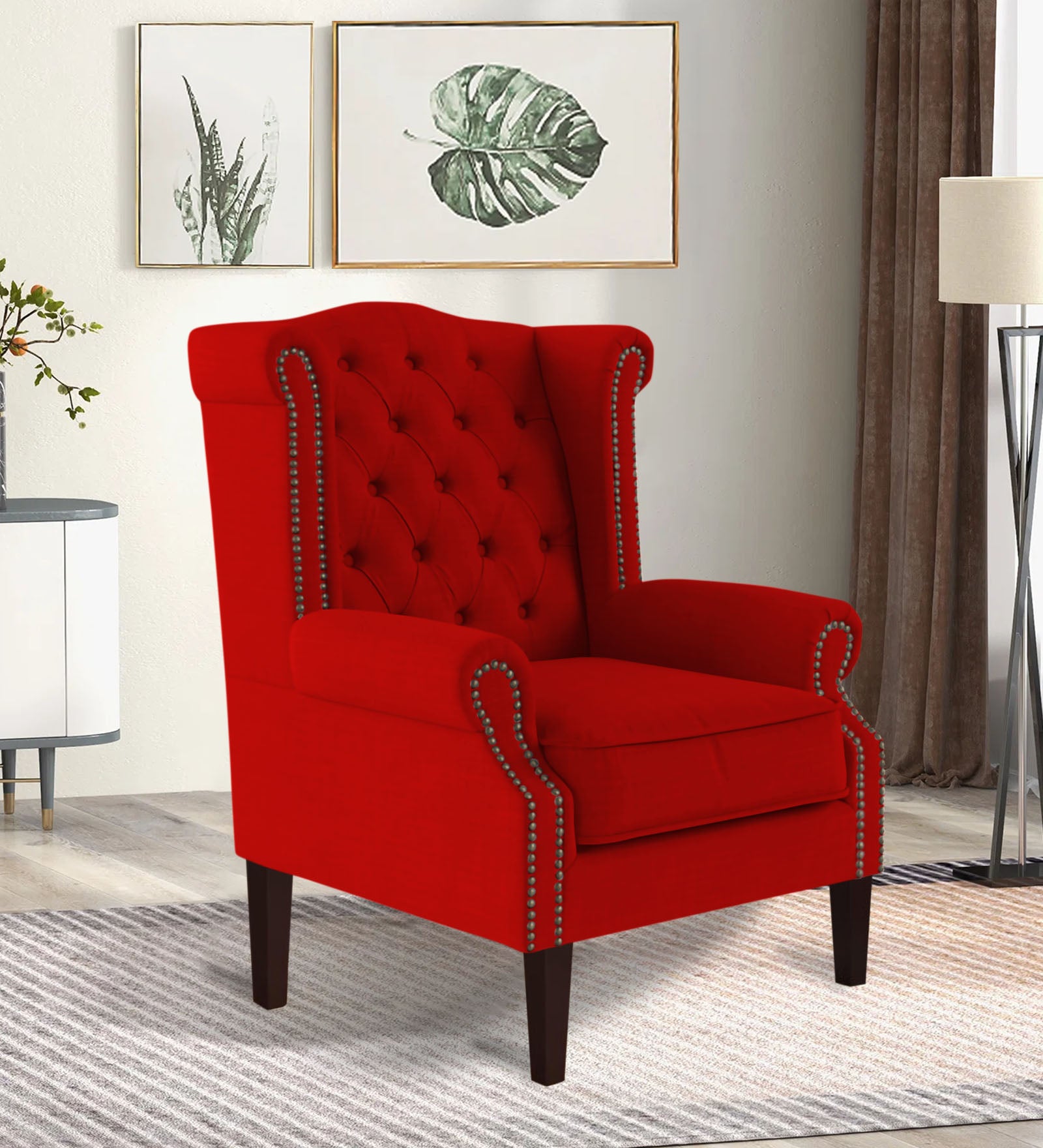 Neyub Fabric Wing Chair in Ruby Red Colour