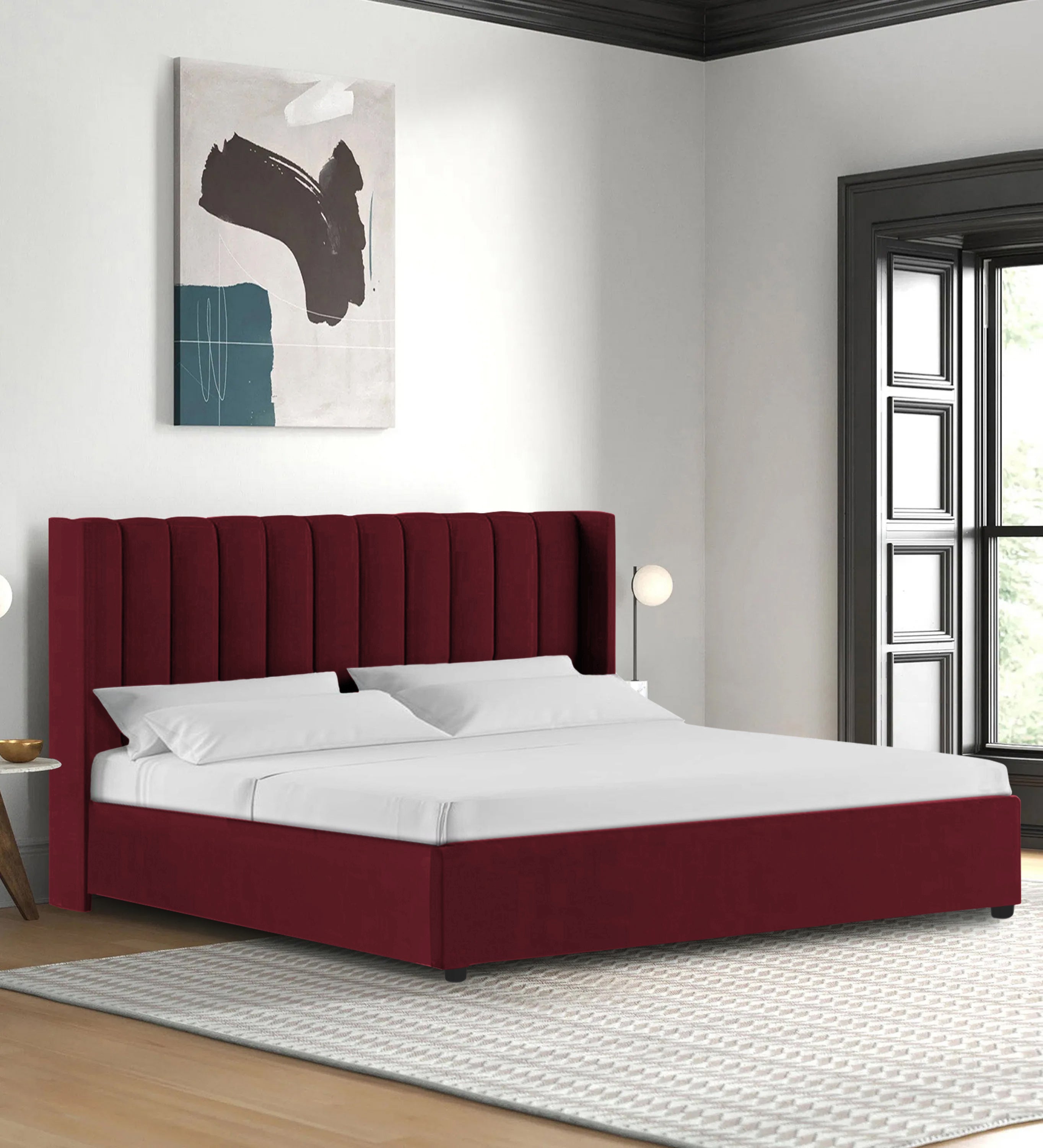 Colina Fabric Queen Size Bed In Blood Maroon Colour With Box Storage