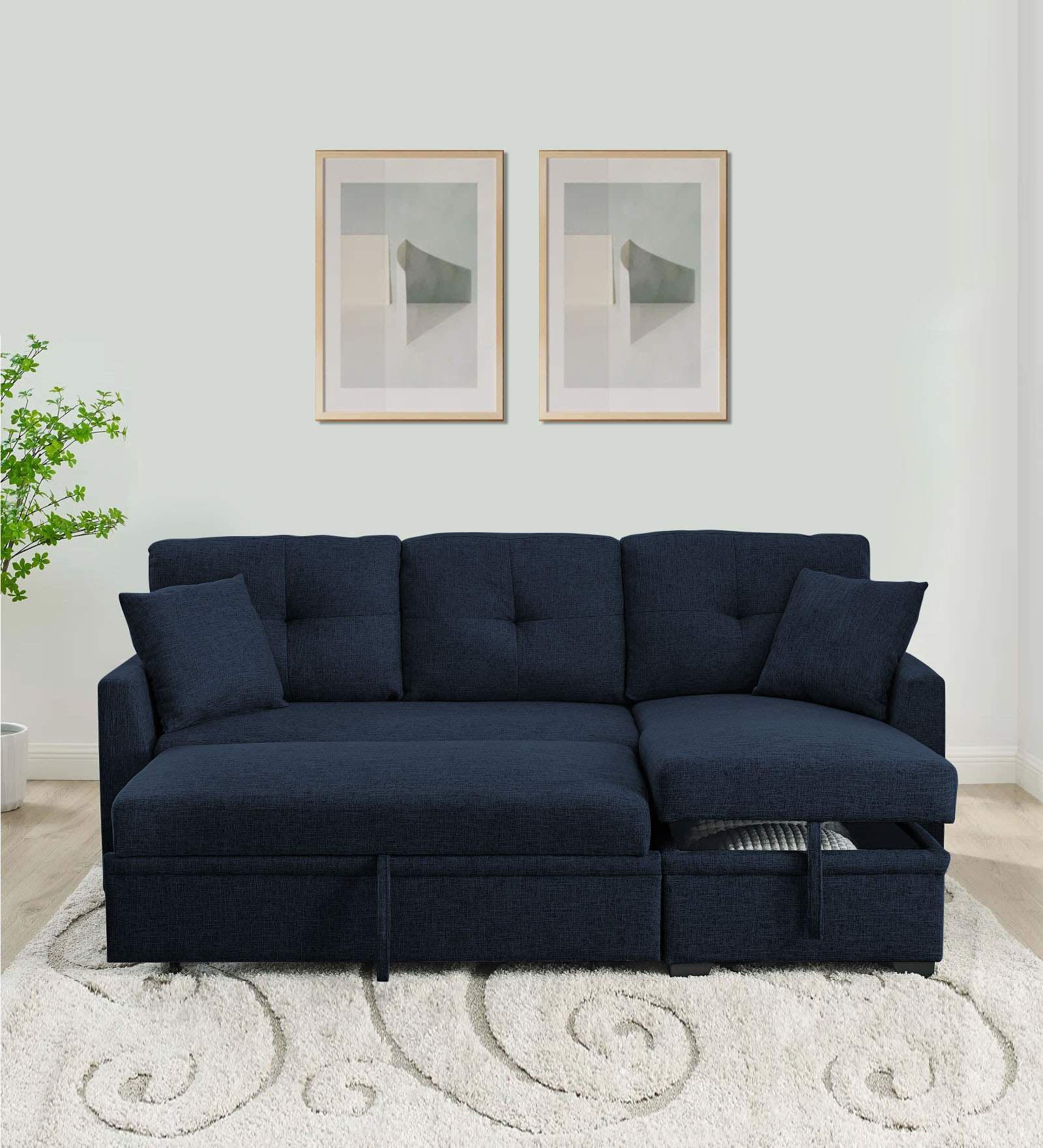 Jody Fabric 3 Seater Pull Out Sofa Cum Bed In Denim Blue Colour