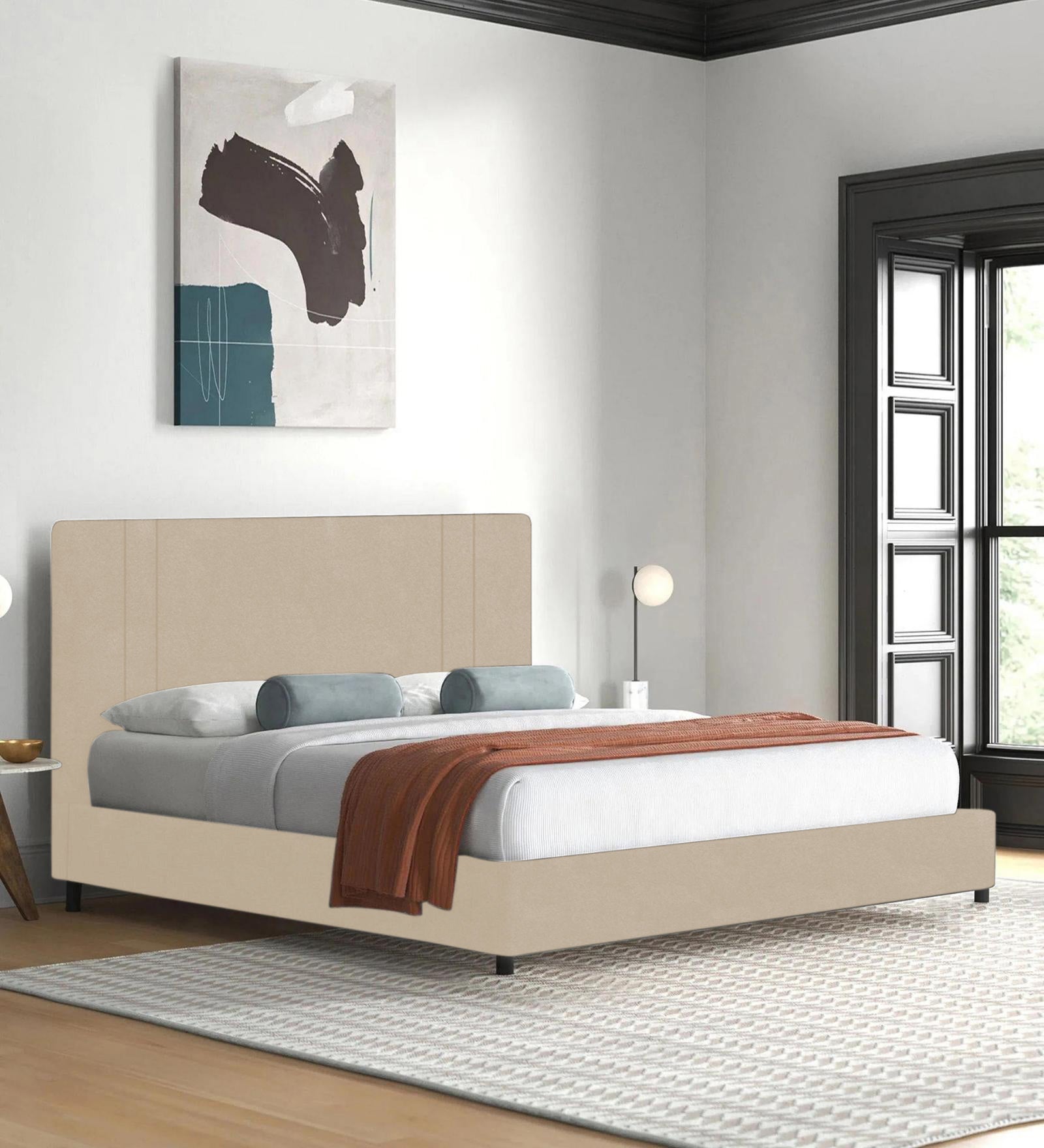 Asyra Velvet King Size Bed in Cream Beige Colour With Box Storage
