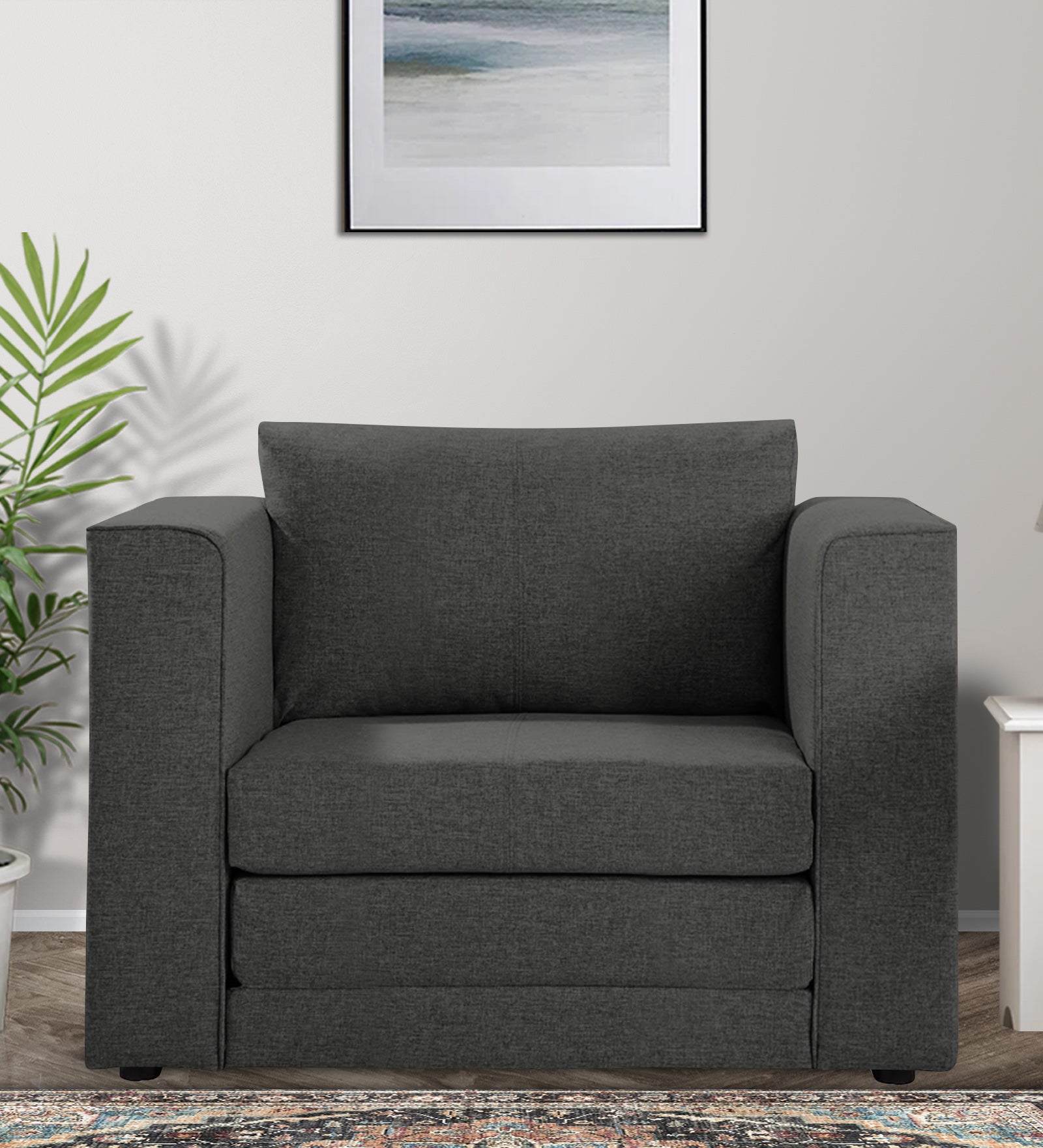 Kenia Fabric 1 Seater Convertible Sofa Cum Bed in Charcoal Grey Colour