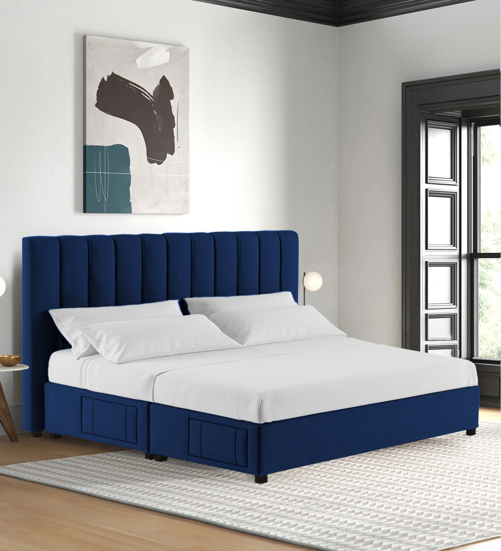 Nivi Fabric King Size Bed In Royal Blue Colour With Drawer Storage