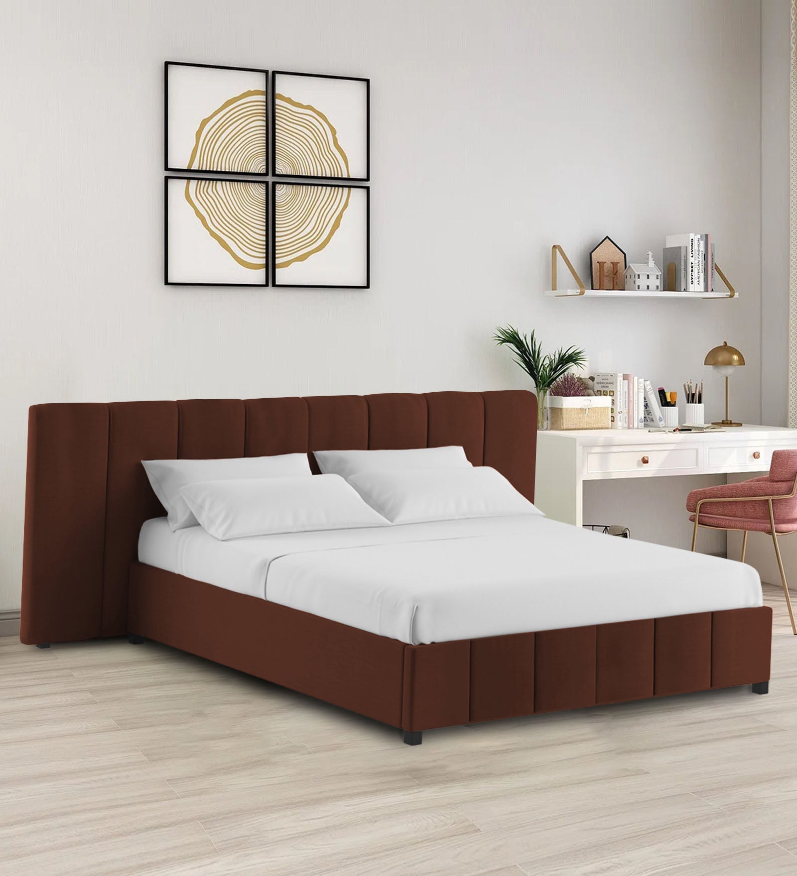 Nora Fabric Queen Size Bed In Coffee Brown Colour