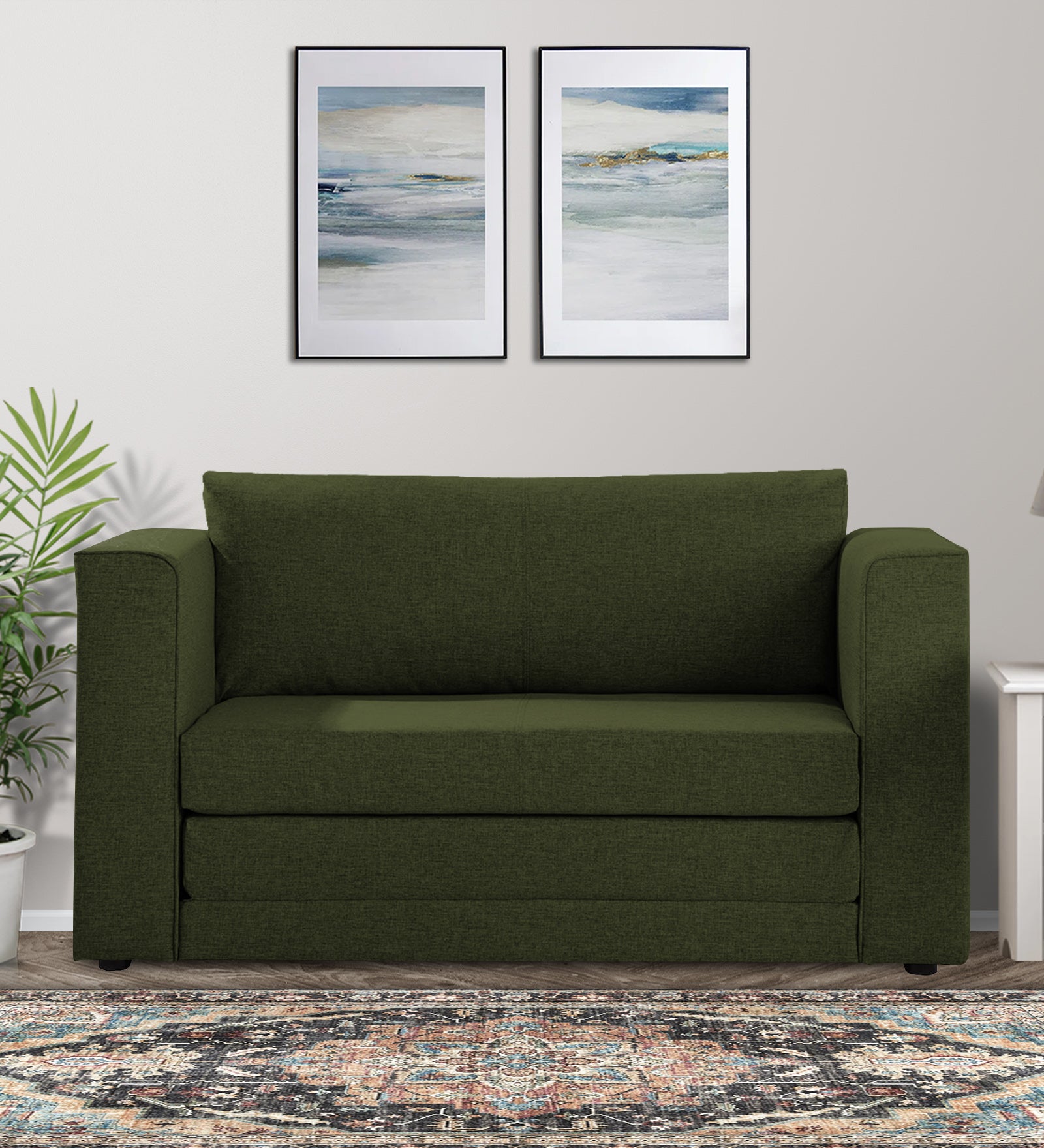 Kenia Fabric 2 Seater Convertible Sofa Cum Bed in Olive Green Colour