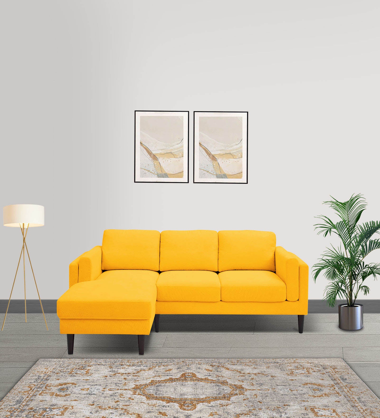 Creata Fabric RHS Sectional Sofa (2+Lounger) in Bold Yellow Colour by Febonic