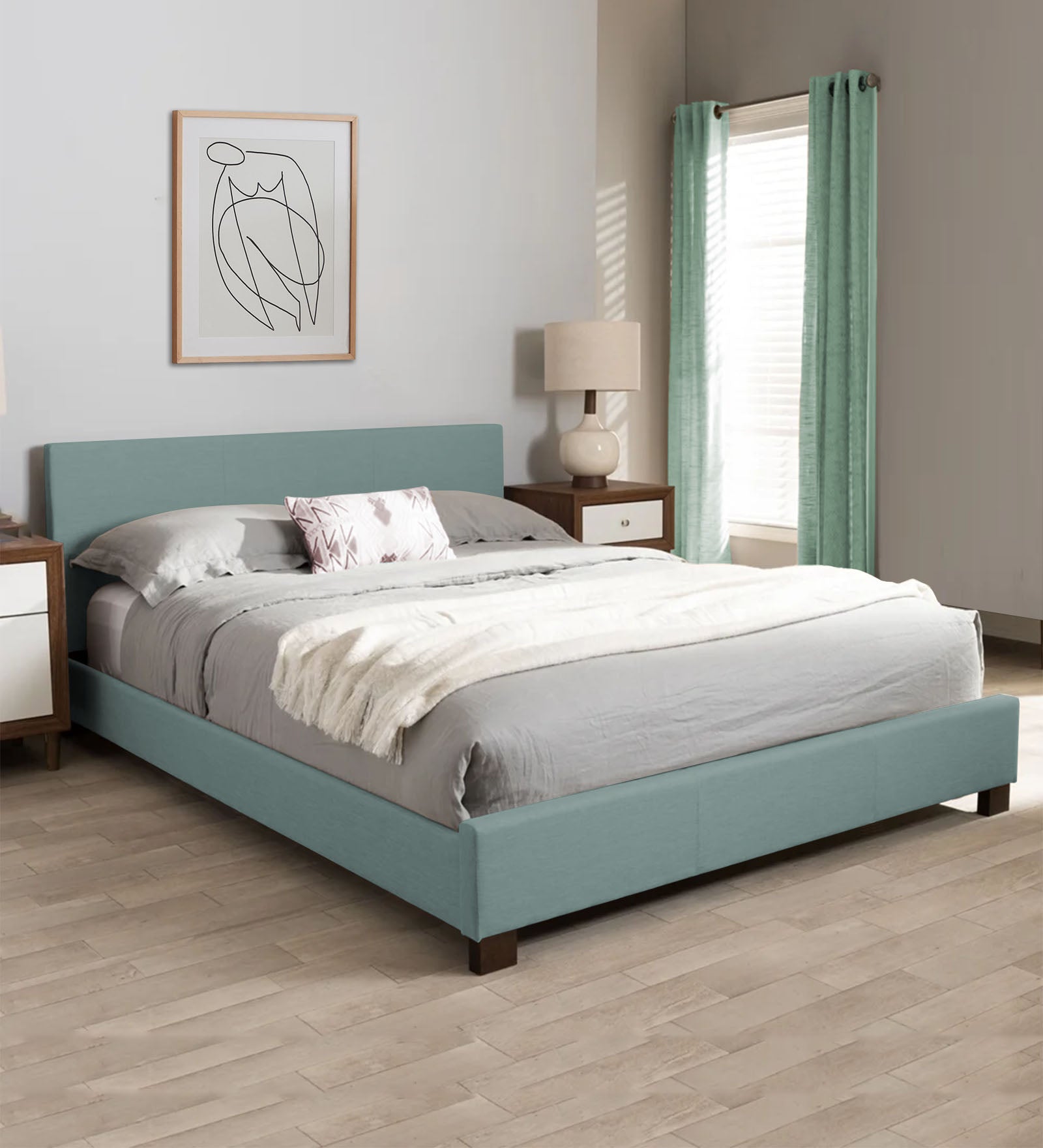 Lora Fabric Queen Size Bed in Suka Blue Colour