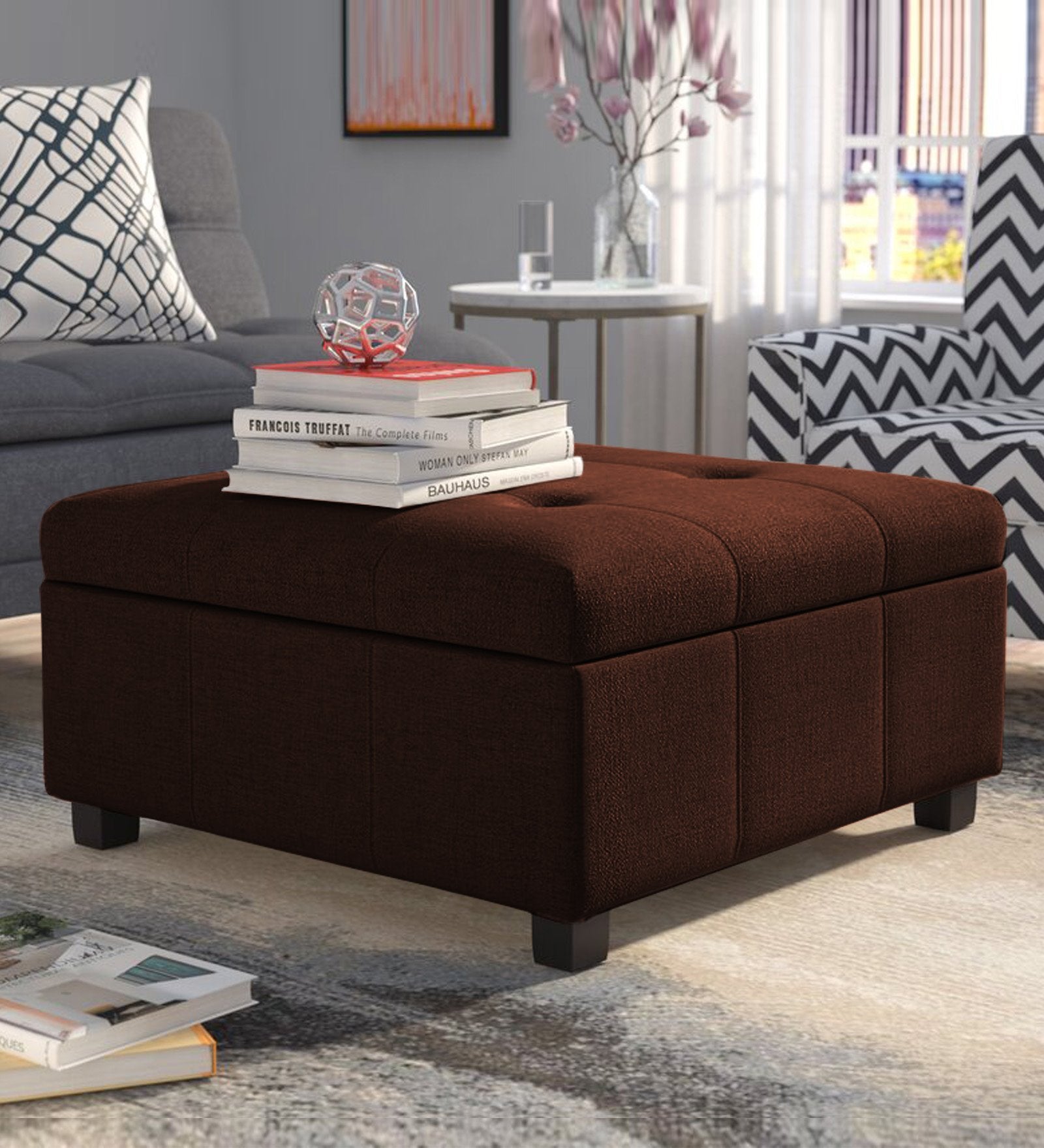 Mubila Fabric Ottoman In Coffee Brown Colour With Storage