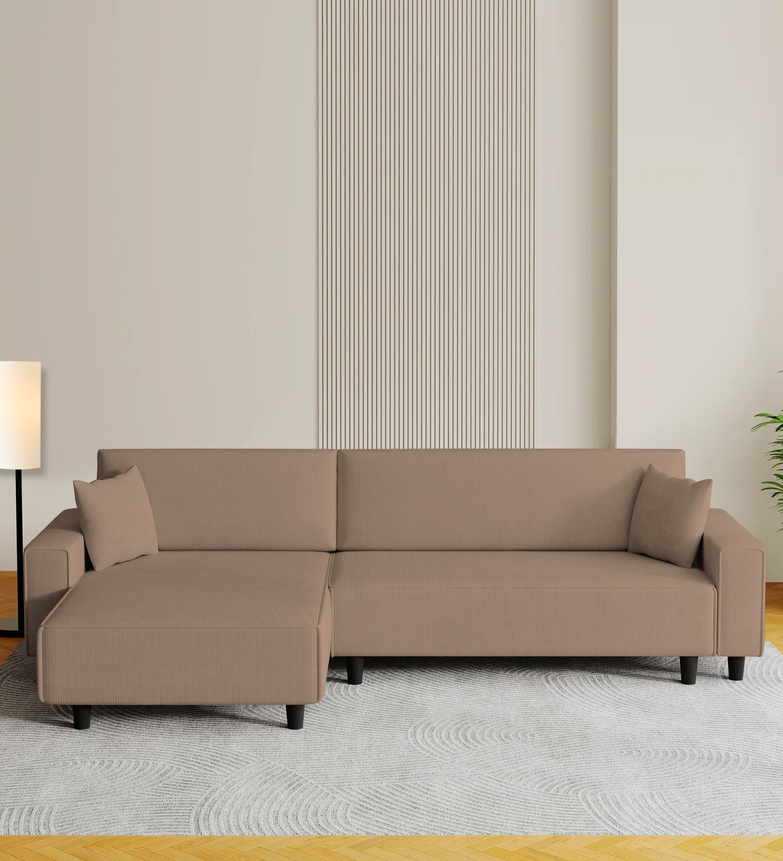 PPeach Fabric RHS 6 Seater Sectional Sofa Cum Bed With Storage In Cookie Beige Colour