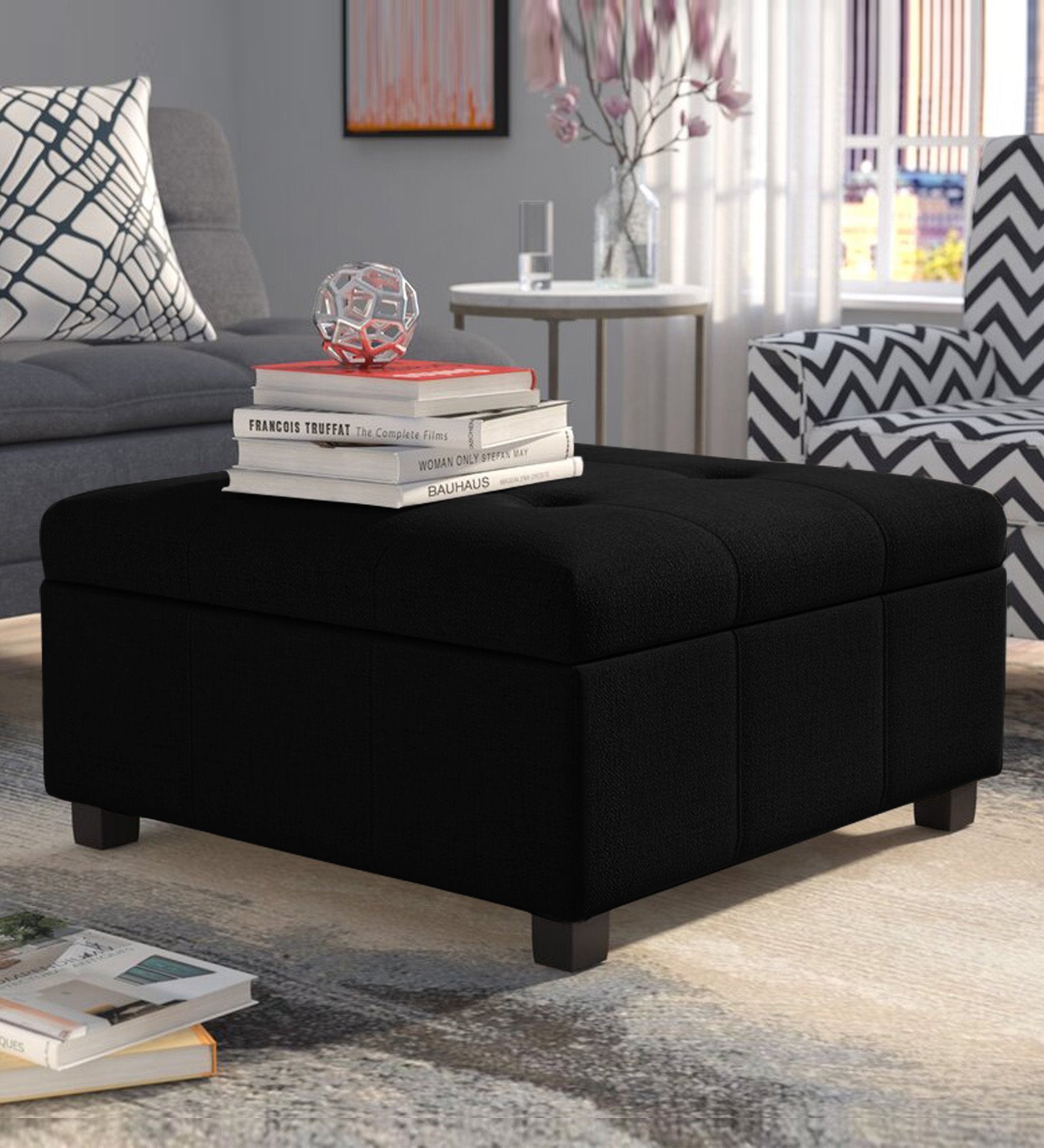 Mubila Fabric Ottoman In Zed Black Colour With Storage