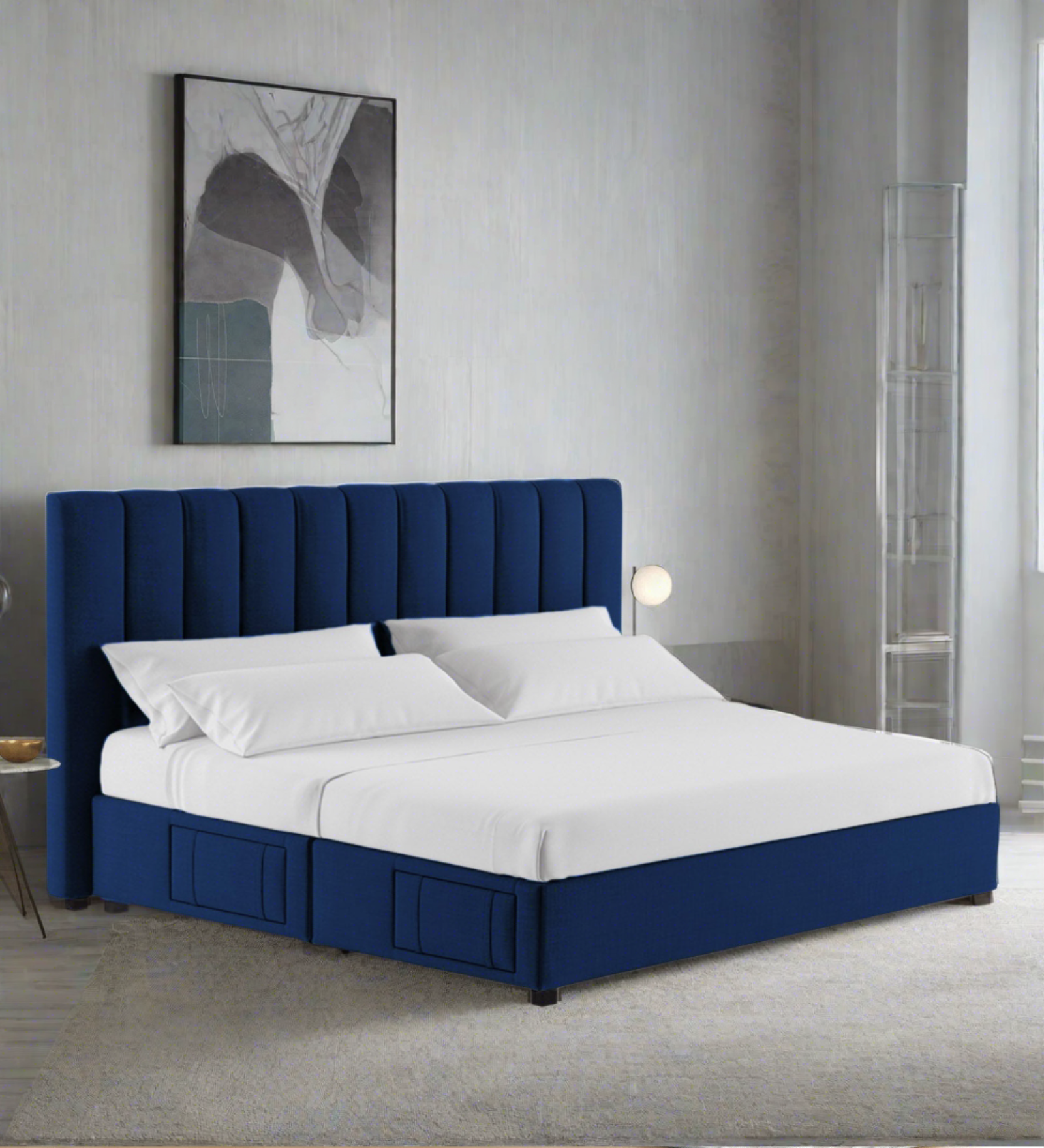 Nivi Fabric Queen Size Bed in Royal Blue Colour with Drawer Storage