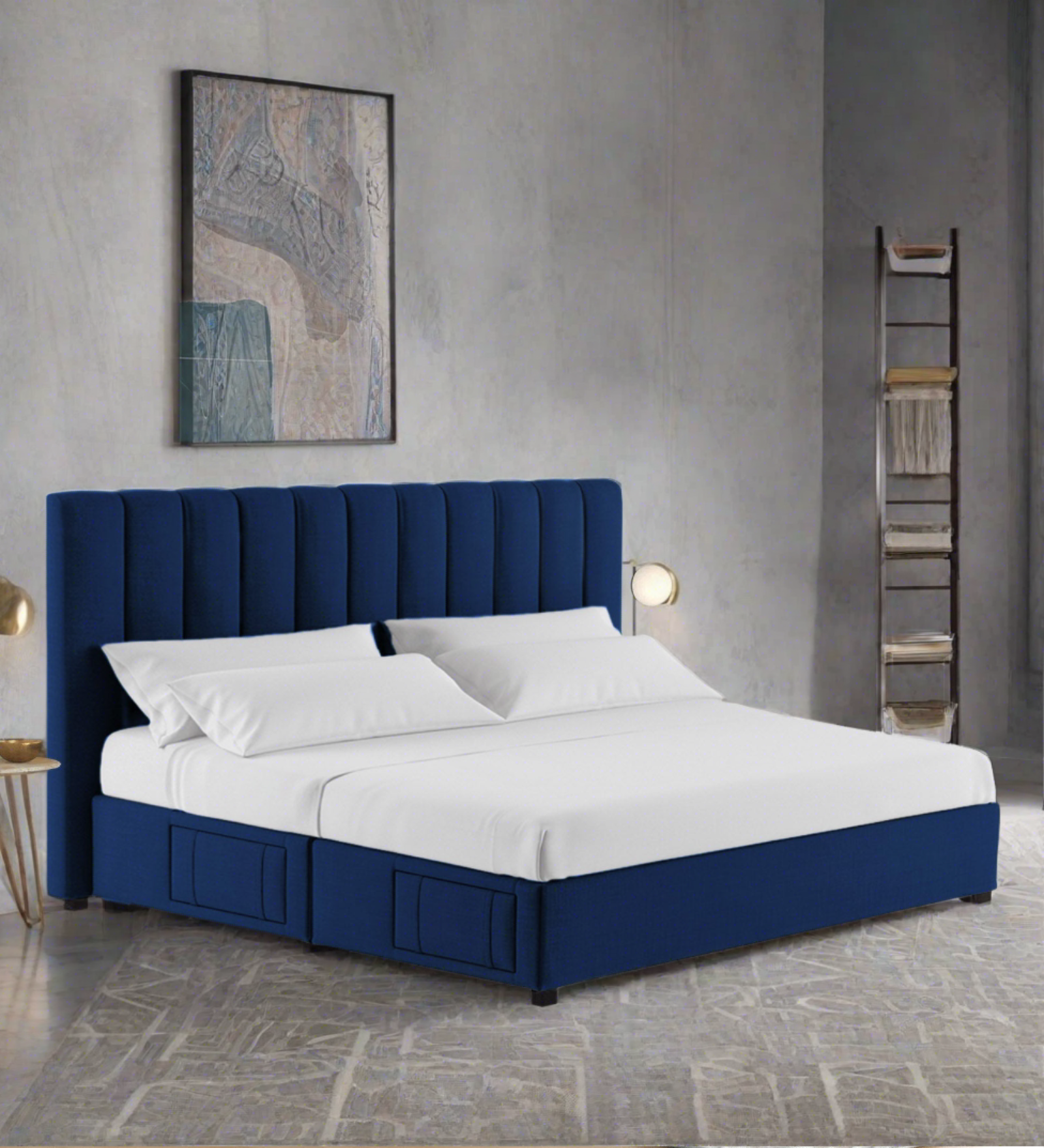 Nivi Fabric King Size Bed In Royal Blue Colour With Drawer Storage