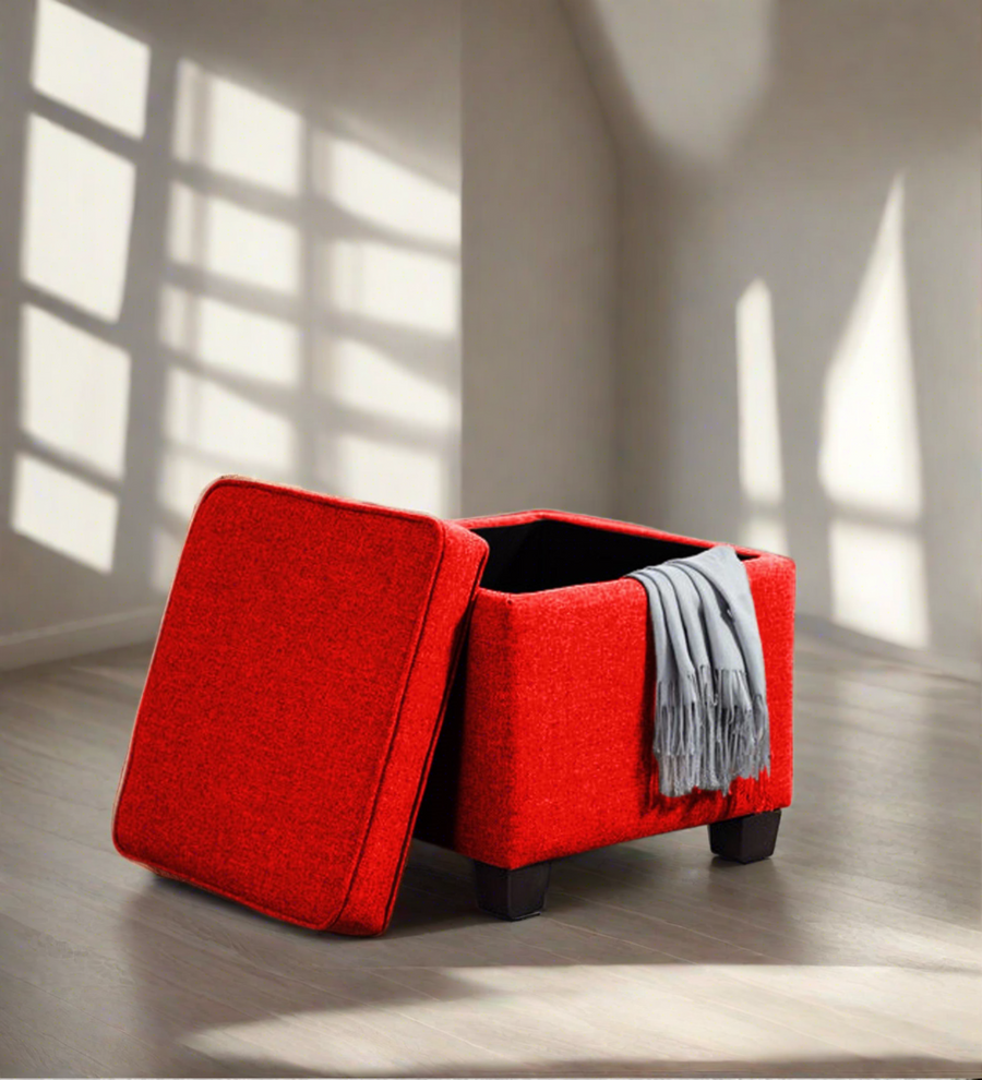 Sudan Fabric Ottoman In Ruby Red Colour With Storage - Febonic Living