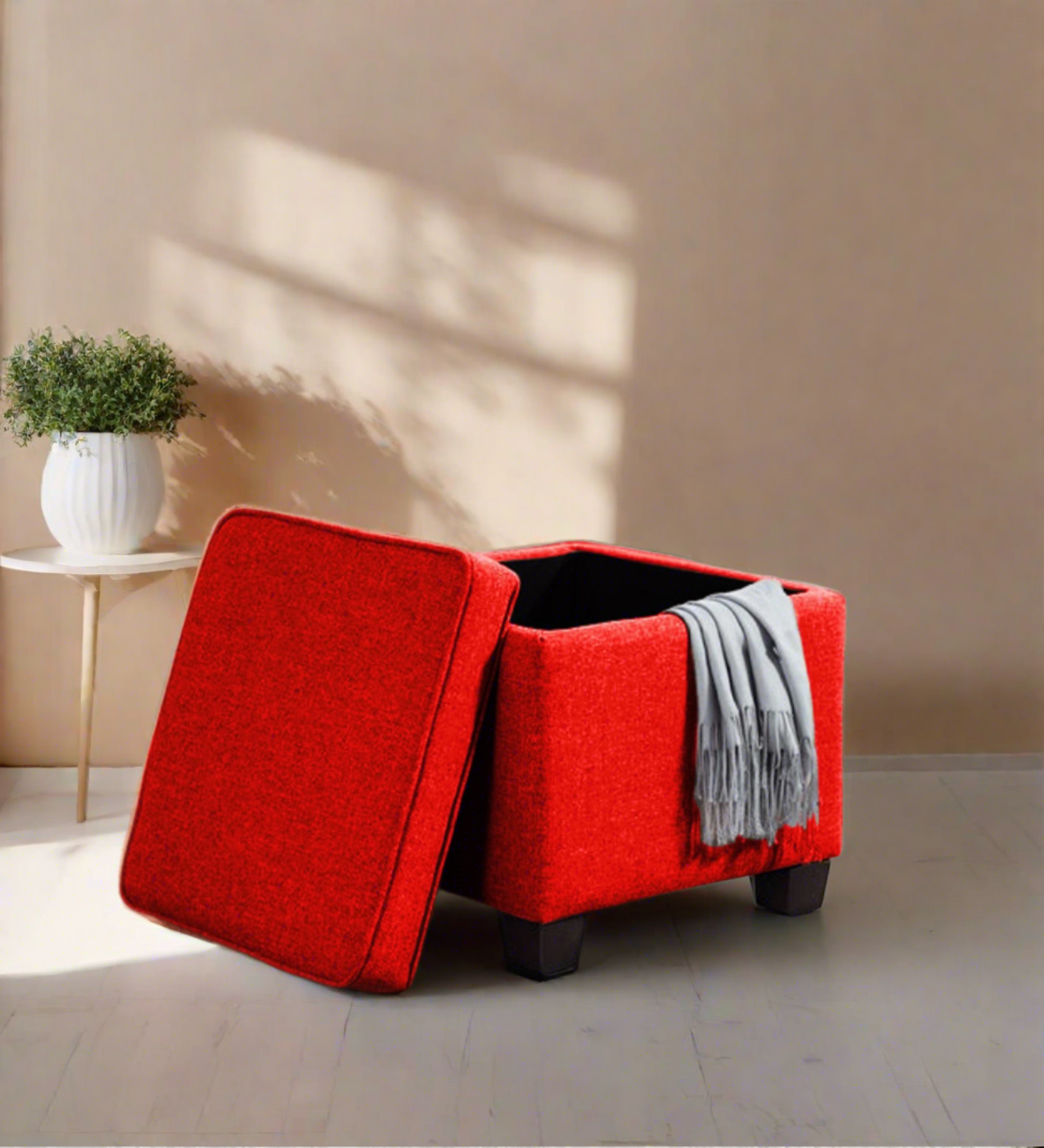 Sudan Fabric Storage Ottoman in Ruby Red Colour