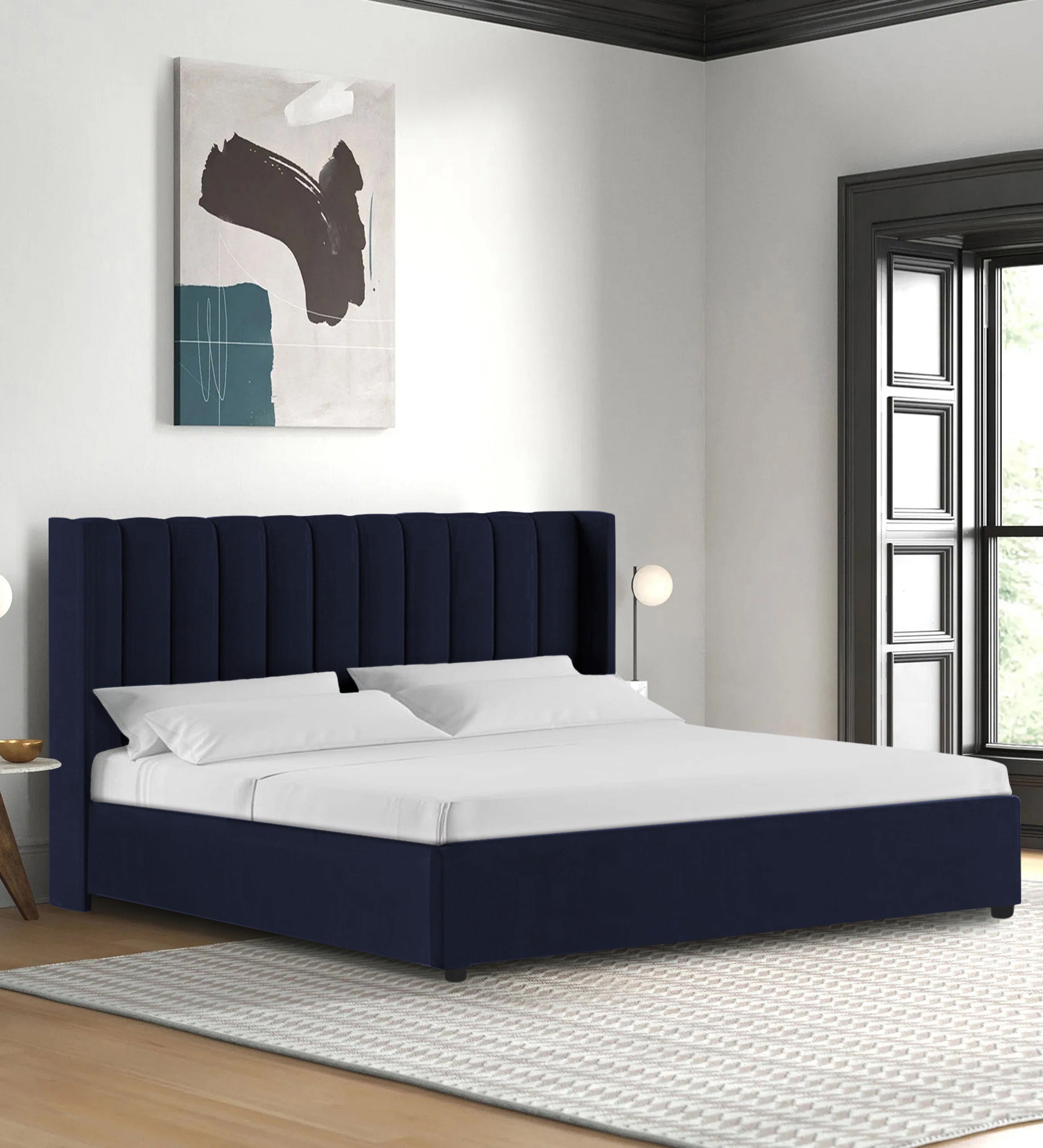 Colina Fabric Queen Size Bed In Royal Blue Colour With Box Storage