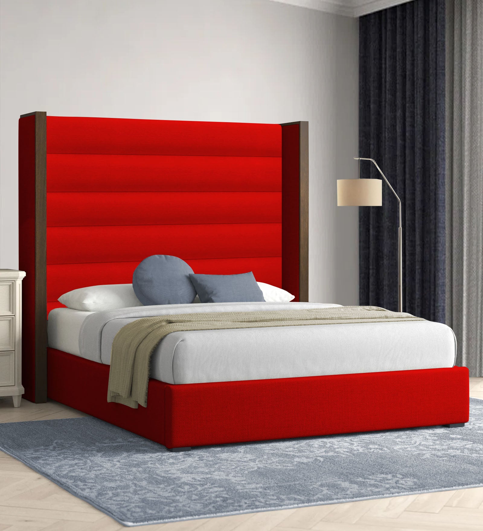 Sunny Fabric Queen Size Bed In Ruby Red Colour