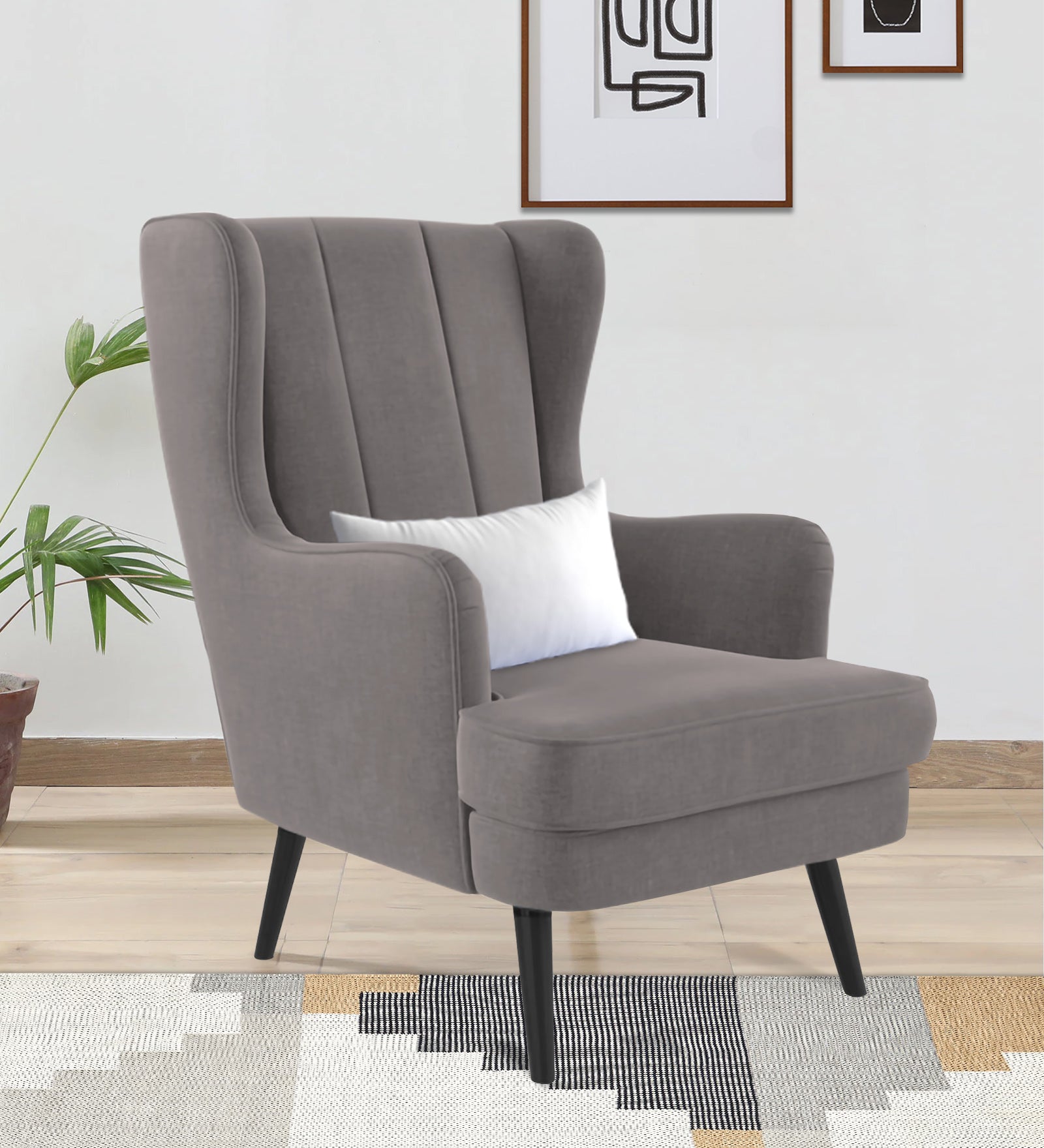 Niya Velvet 1 Seater Wing Chair in Pearl Grey Colour