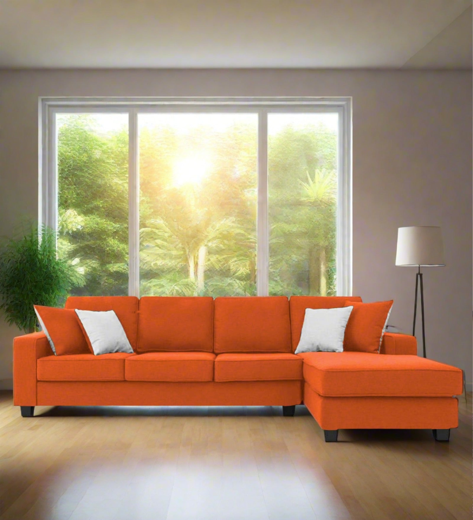 Ladybug Fabric LHS Sectional Sofa (3+Lounger) In Vivid Orange Colour