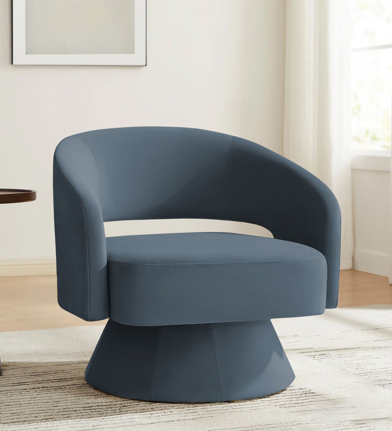 Pendra Velvet Swivel Chair in Oxford Blue Colour