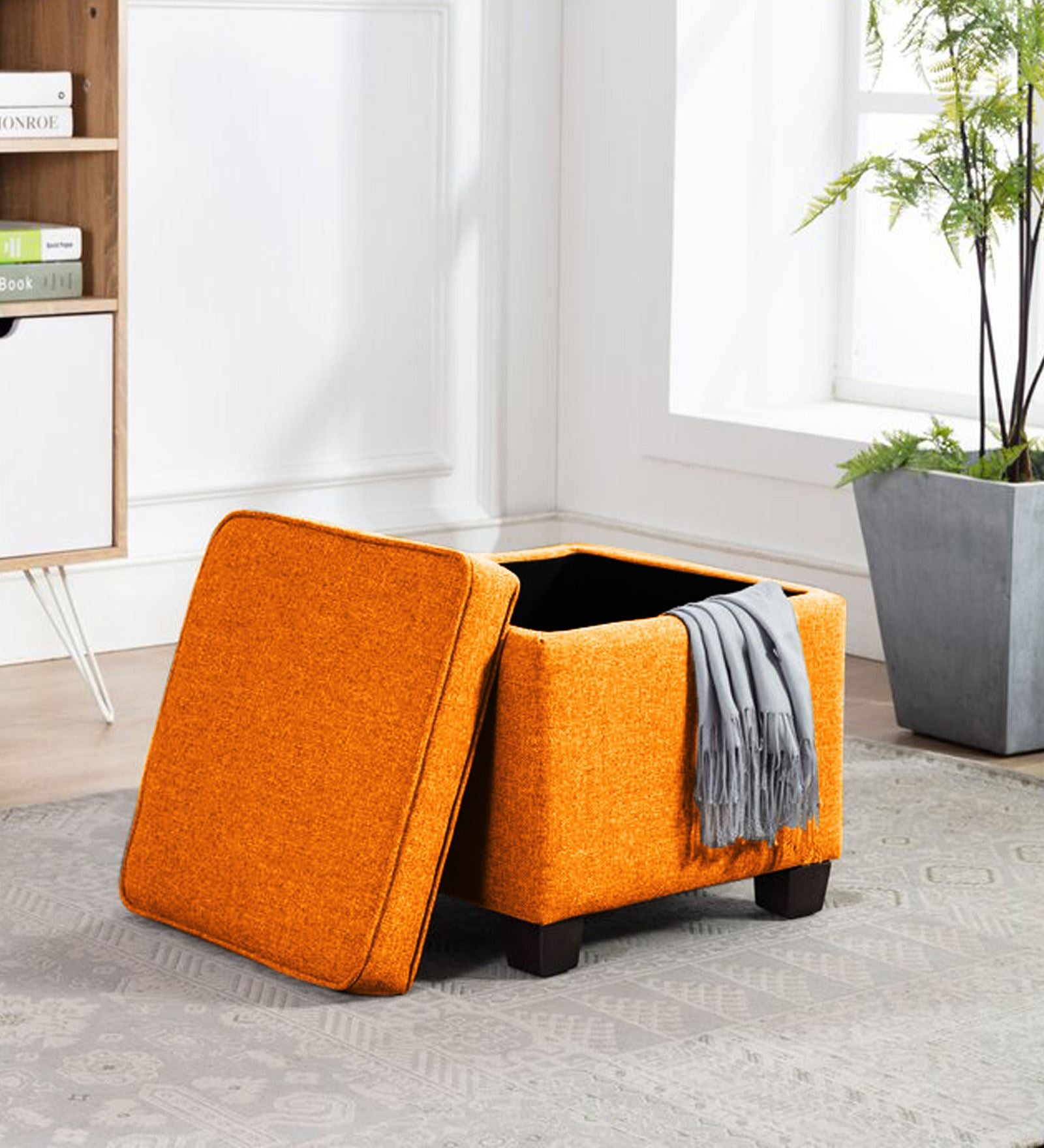 Sudan Fabric Storage Ottoman in Vivid Orange Colour