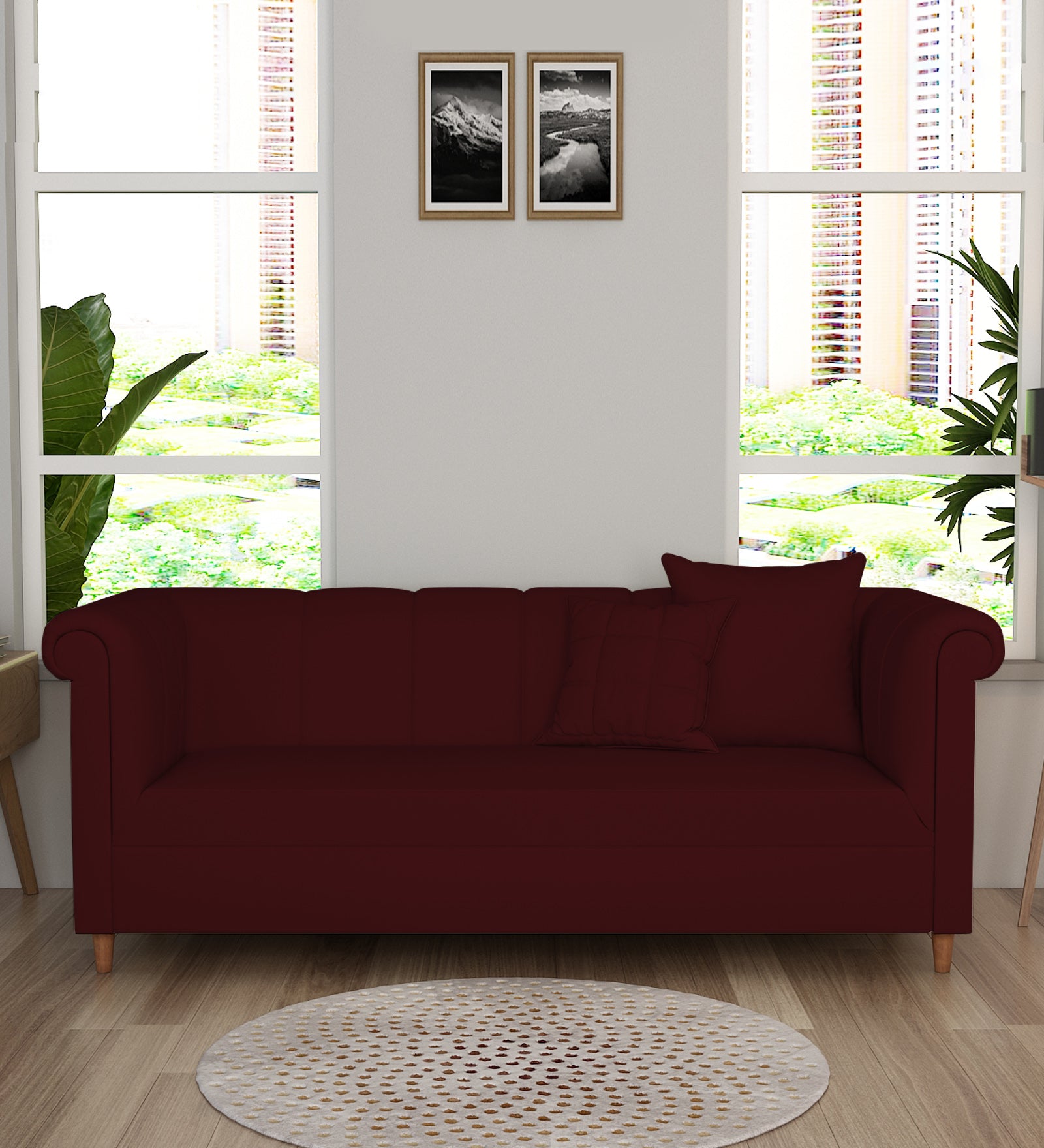 Rubi Velvet 3 Seater Sofa in Dark Maroon Colour