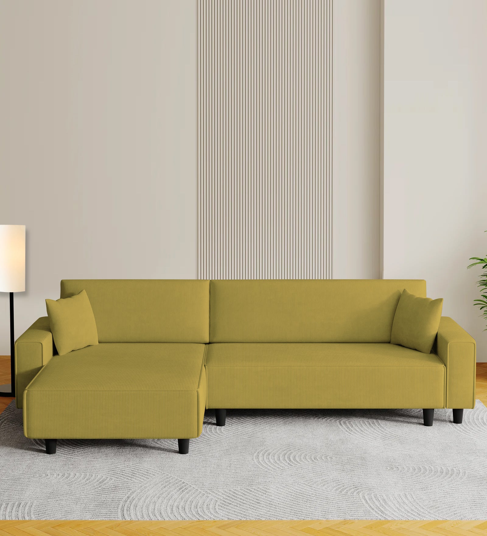 Peach Fabric RHS 6 Seater Sectional Sofa Cum Bed With Storage In Parrot Green Colour
