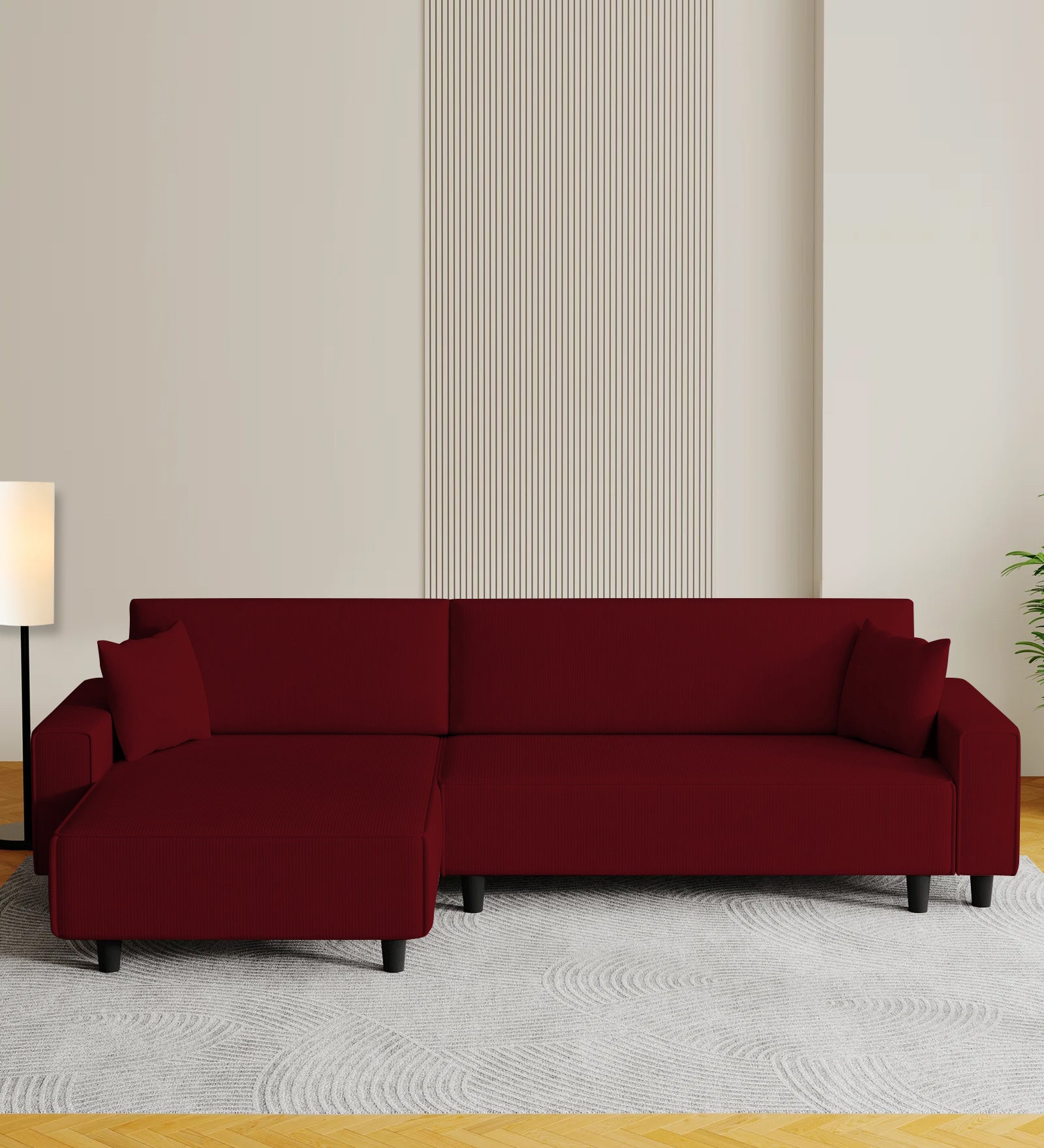 Peach Fabric RHS 6 Seater Sectional Sofa Cum Bed With Storage In Ruby Red Colour
