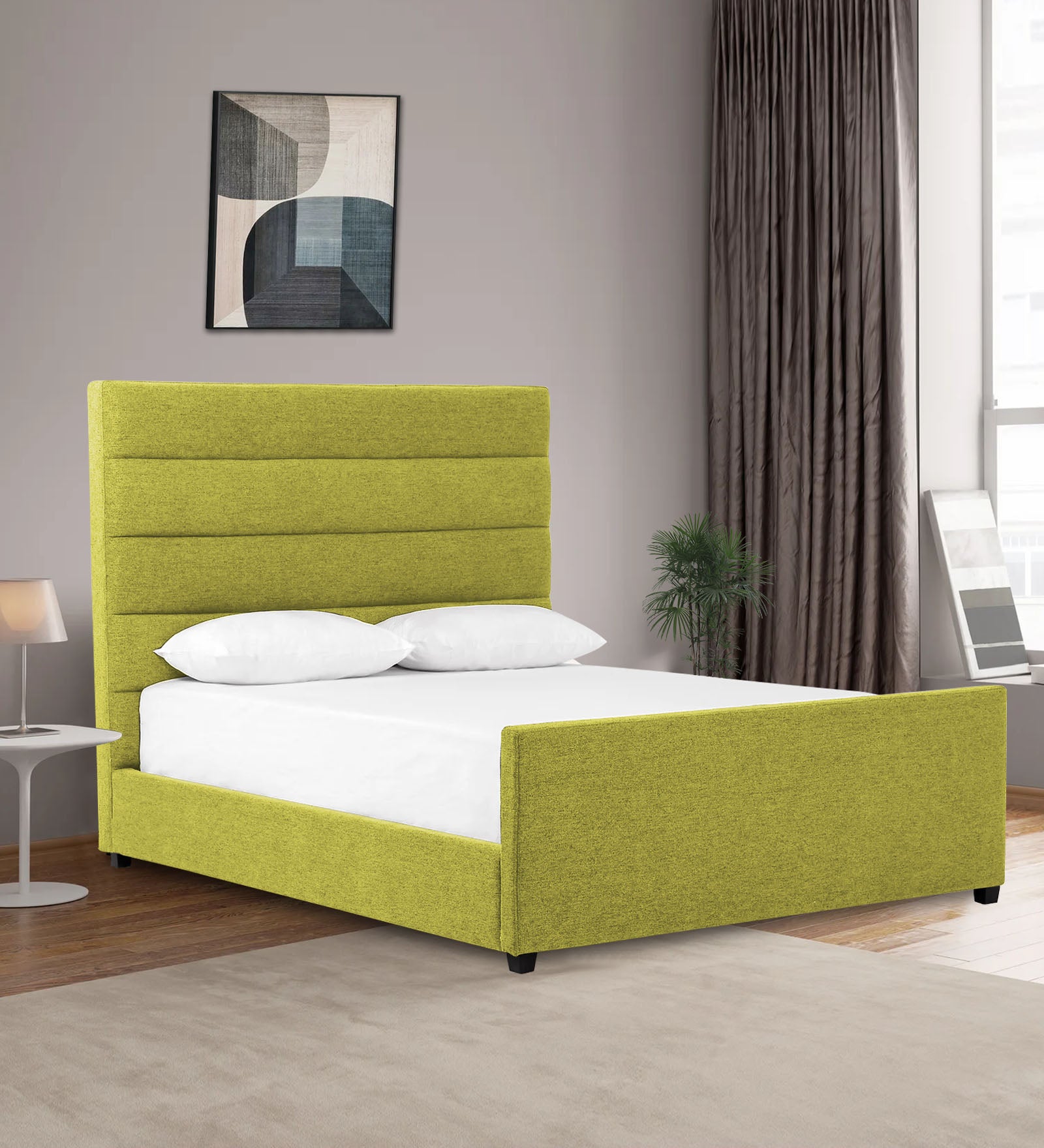 Pollen Fabric King Size Bed In Parrot Green Colour