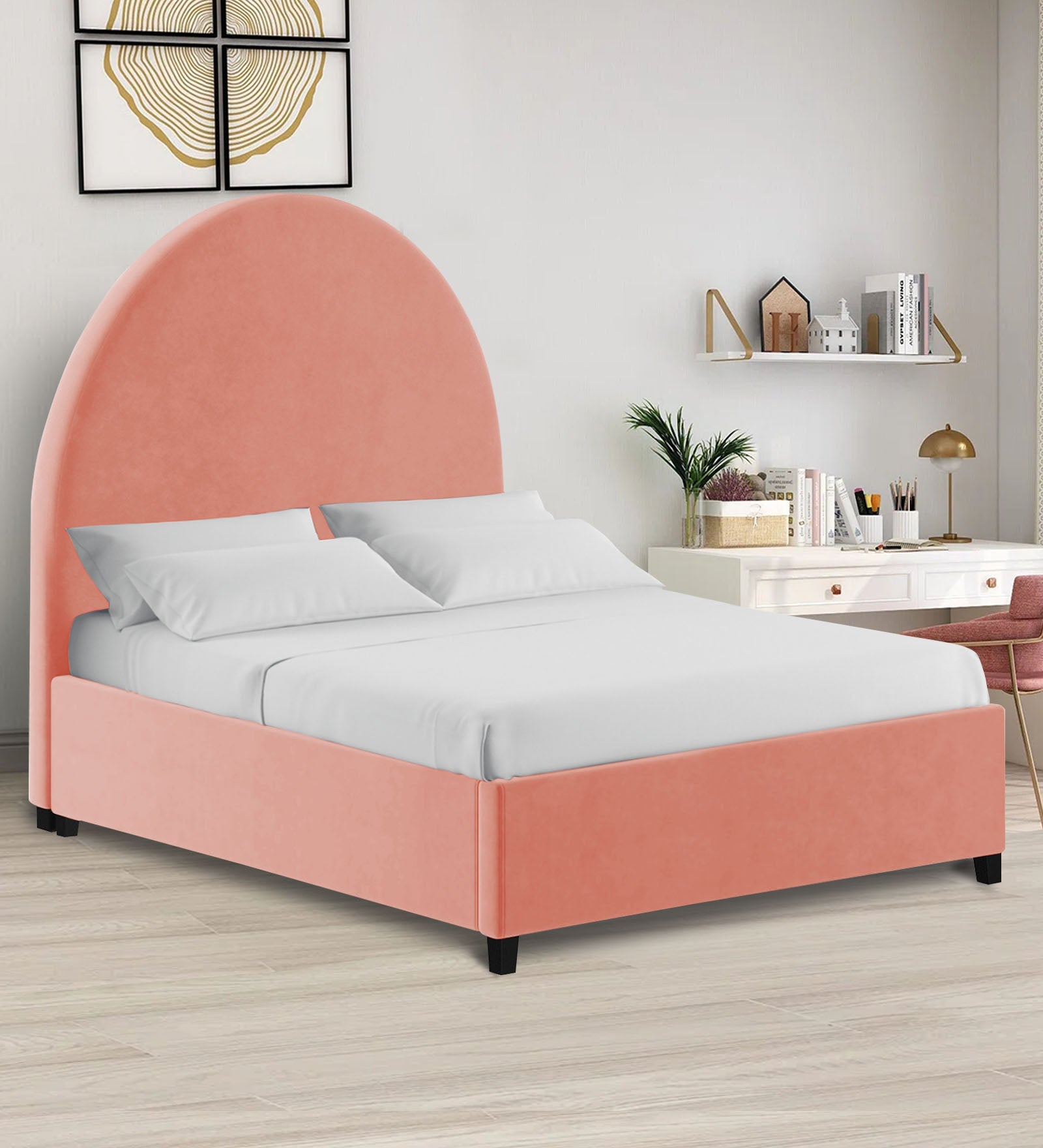 Maro Velvet King Size Bed In Blush pink Colour