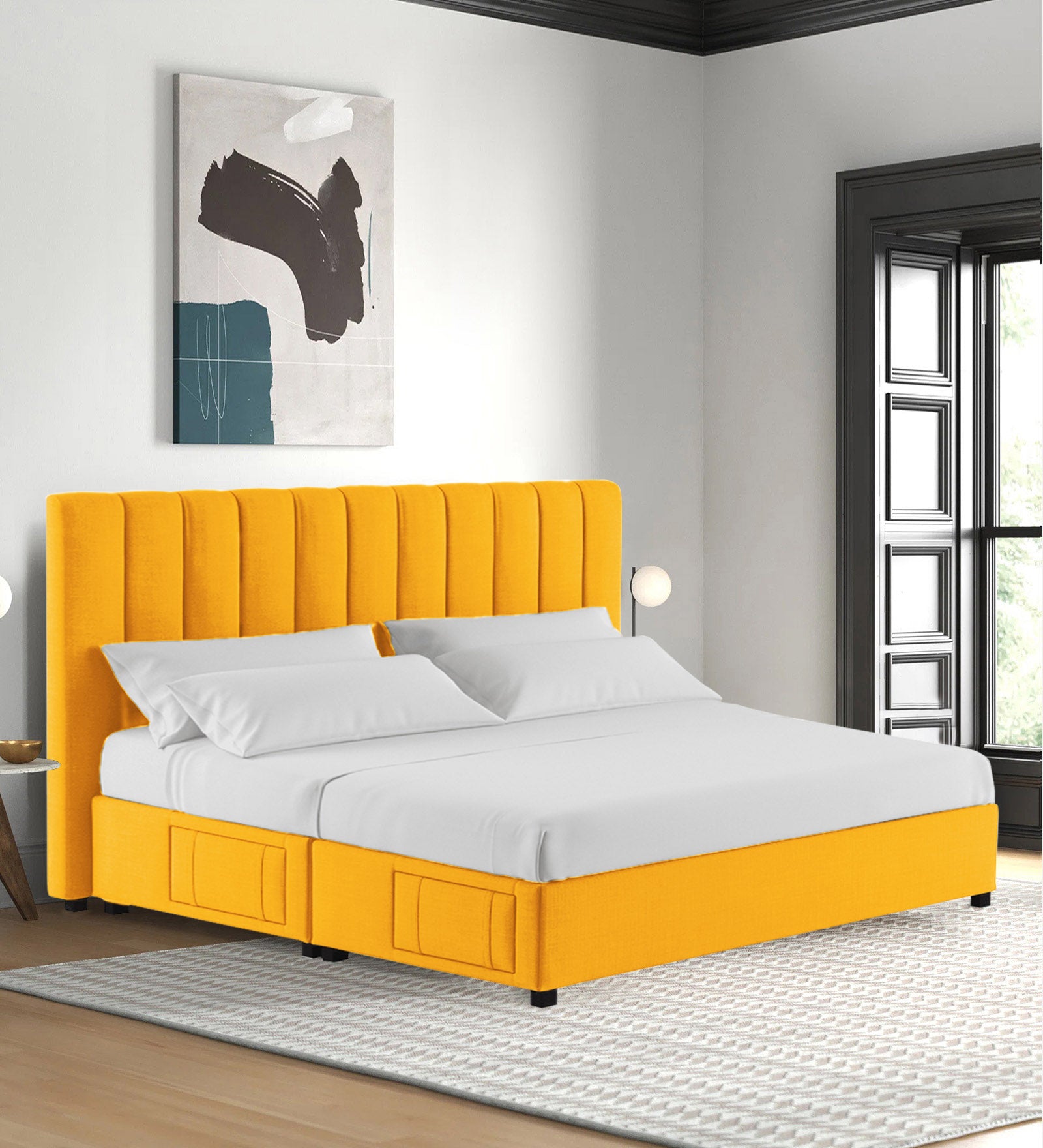 Nivi Fabric King Size Bed In Bold Yellow Colour With Drawer Storage