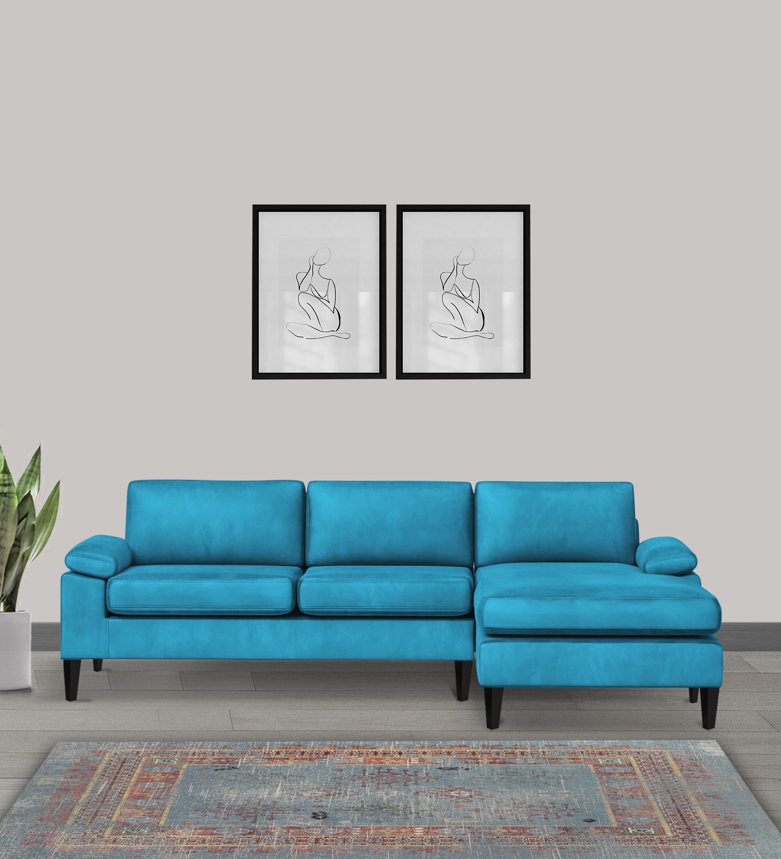 Vegas Velvet LHS Sectional Sofa (3+Lounger) In Aqua blue Colour