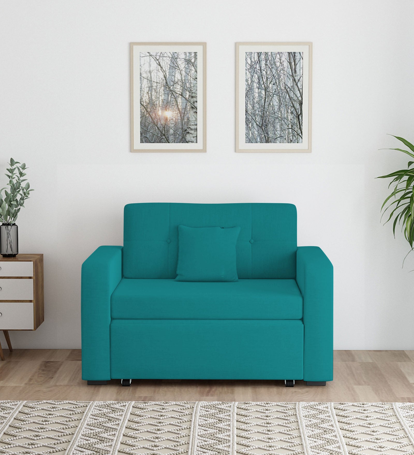 Rocky Fabric 2 Seater Pull Out Sofa Cum Bed In Sea Green Colour With Storage