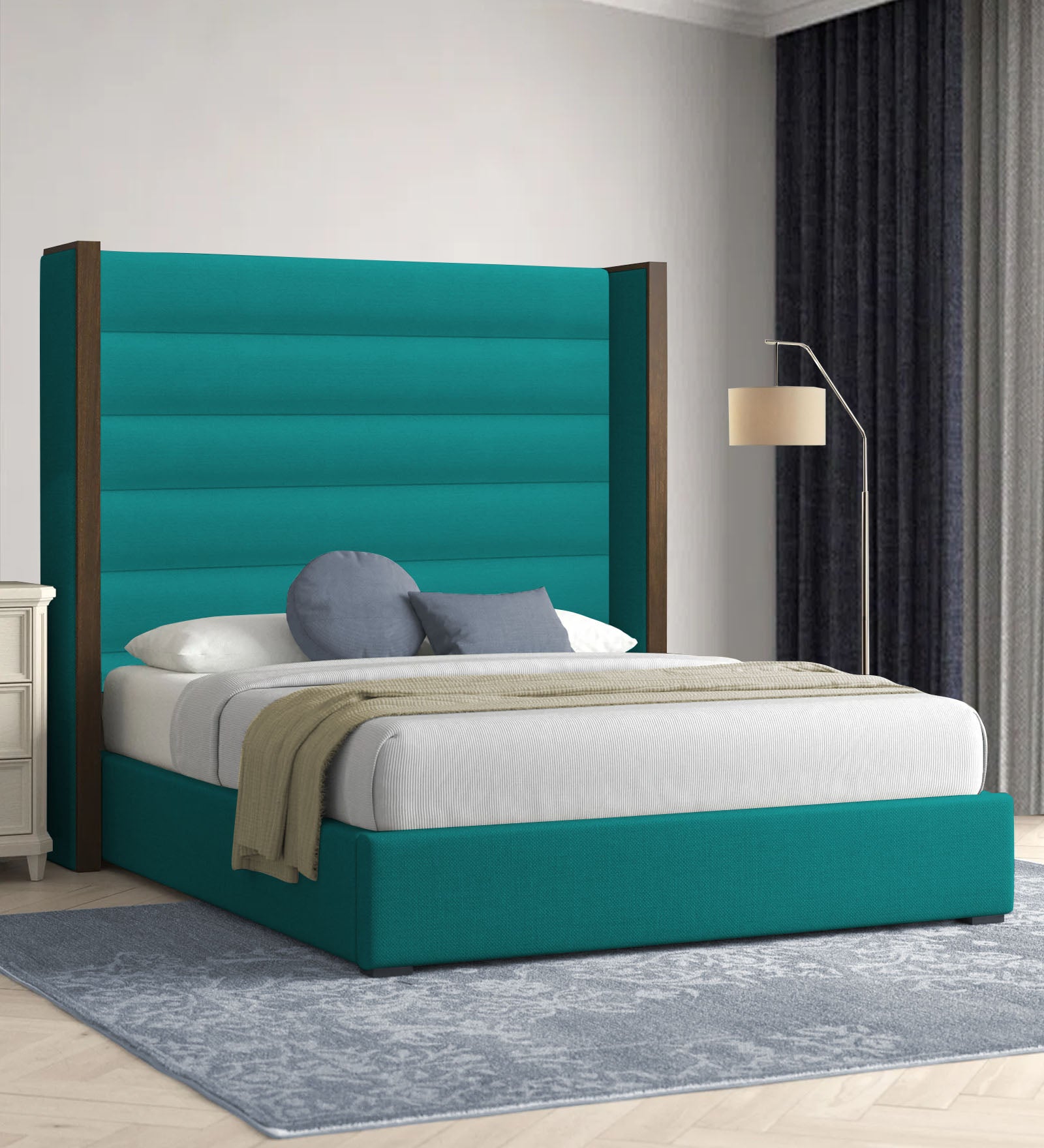 Sunny Fabric Queen Size Bed In Sea Green Colour