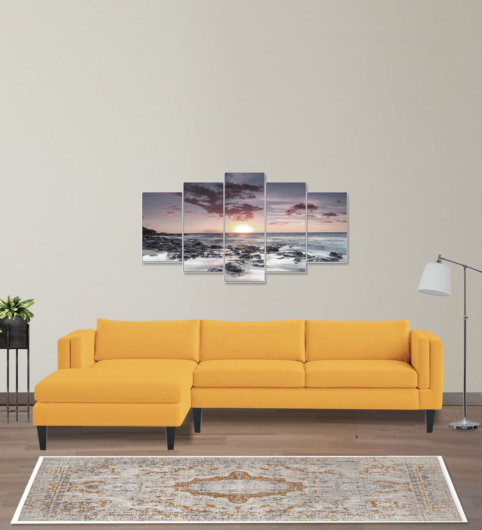 Jasper Velvet RHS Sectional Sofa (3+Lounger) in Turmeric yellow Colour