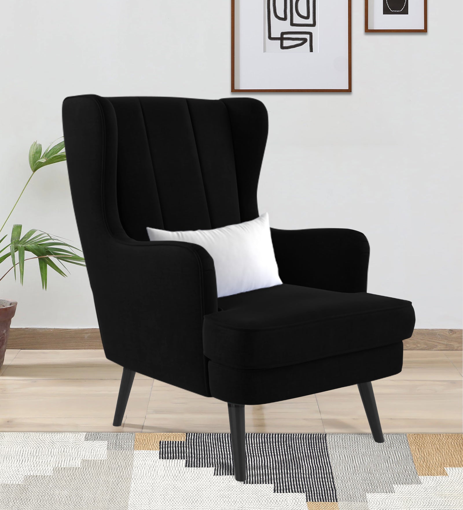 Niya Velvet 1 Seater Wing Chair in Adam Black Colour