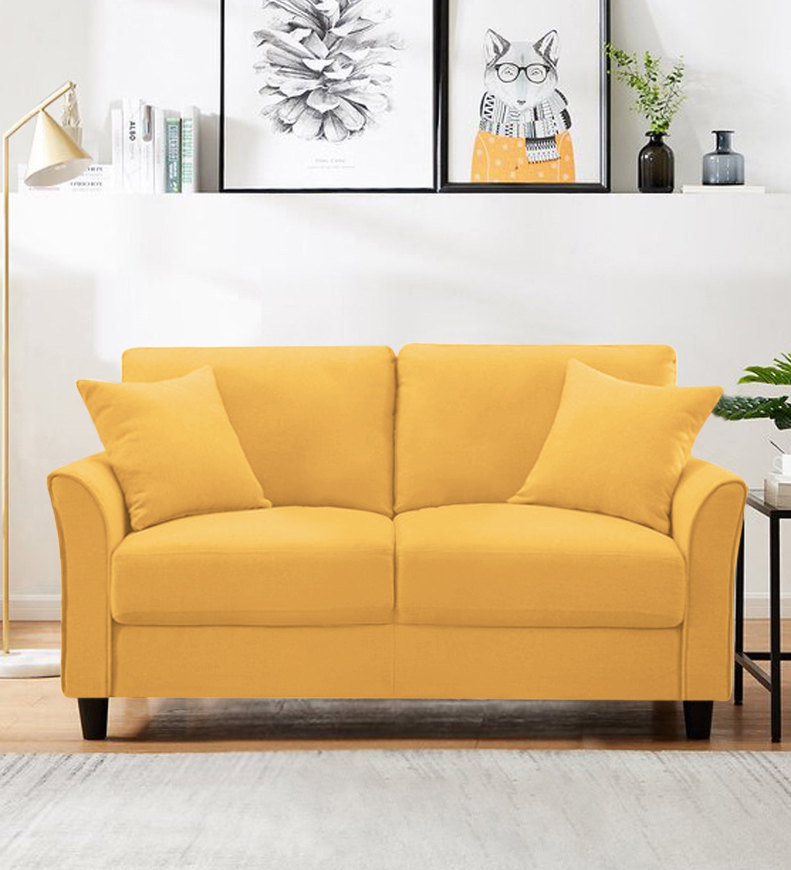 Daroo Velvet 2 Seater Sofa In Turmeric Yellow Colour