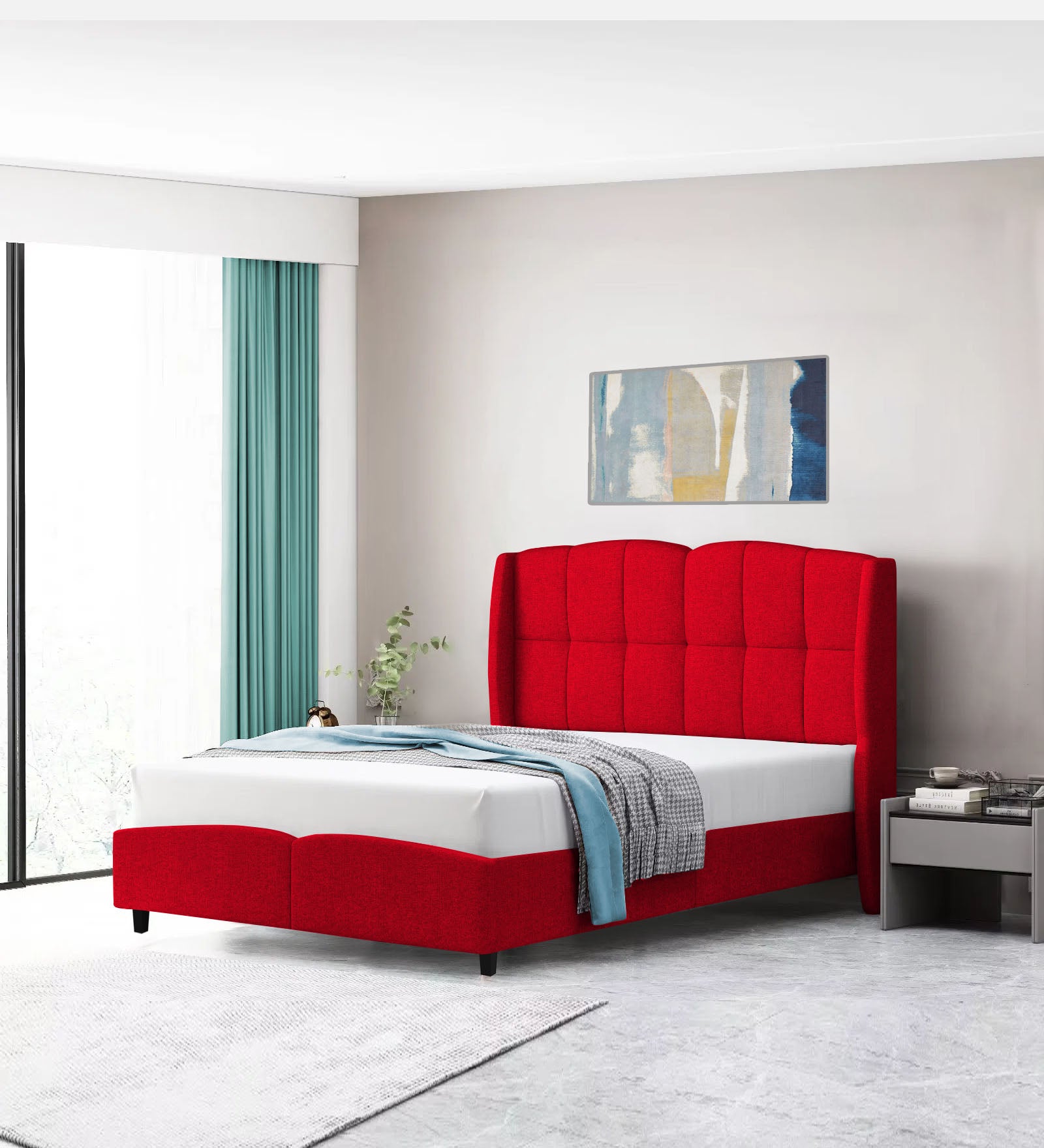 Jovi Velvet Single Size Bed In Cherry Red Colour