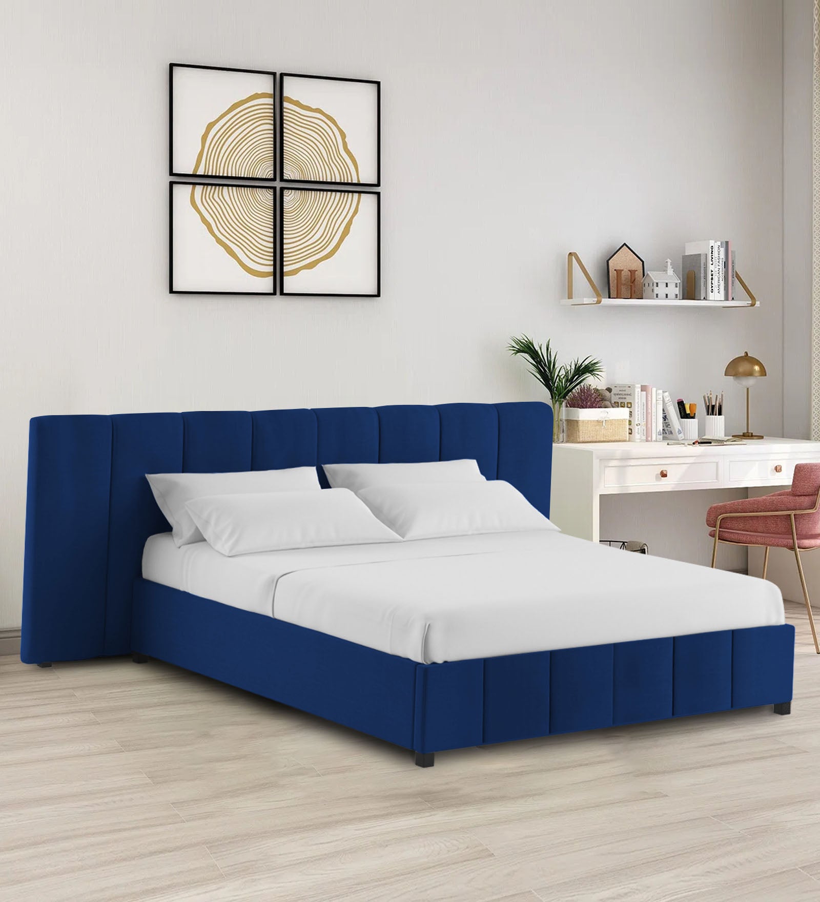 Nora Fabric Queen Size Bed In Royal Blue Colour