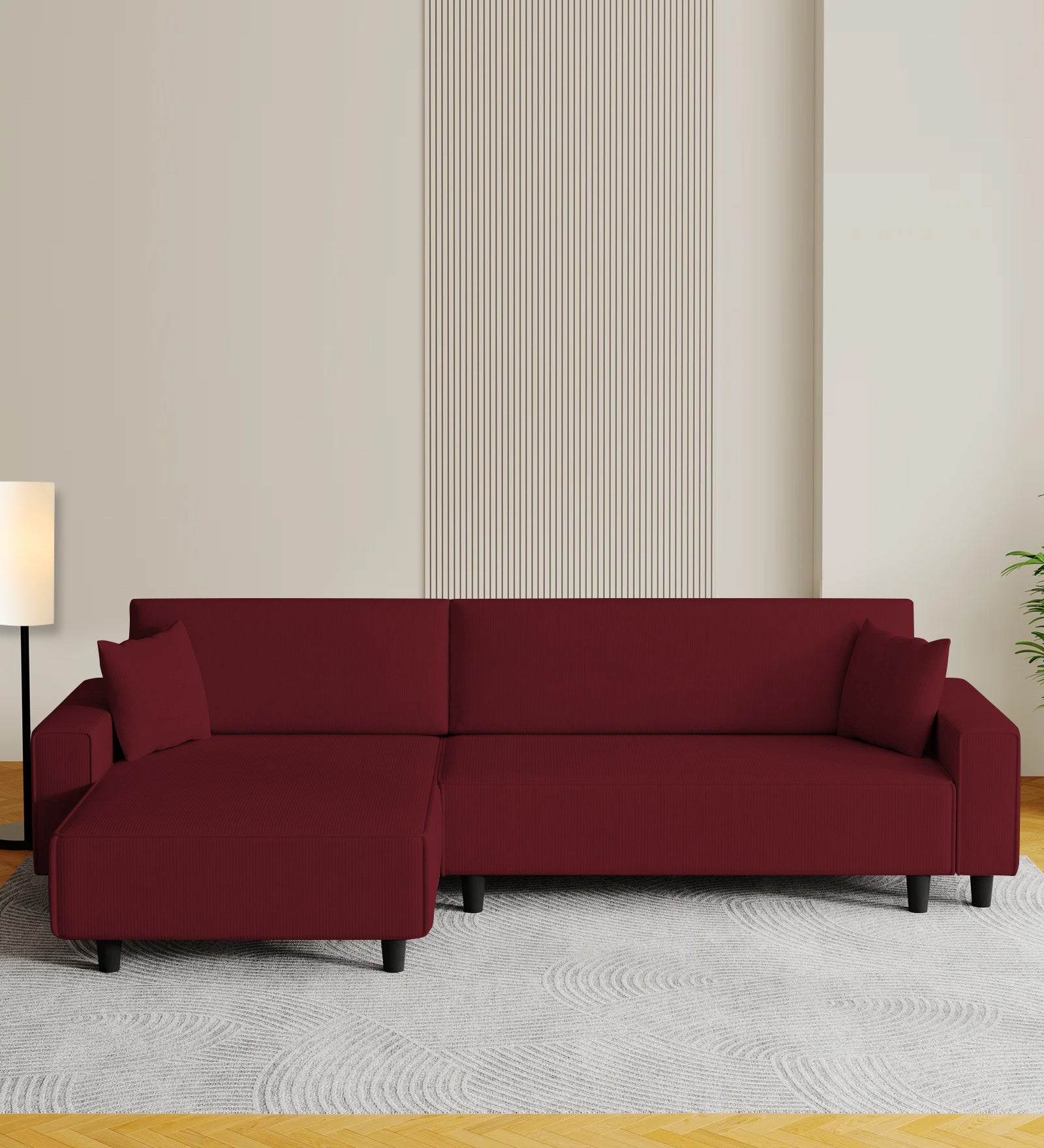 Peach Fabric RHS 6 Seater Sectional Sofa Cum Bed With Storage In Blood Maroon Colour