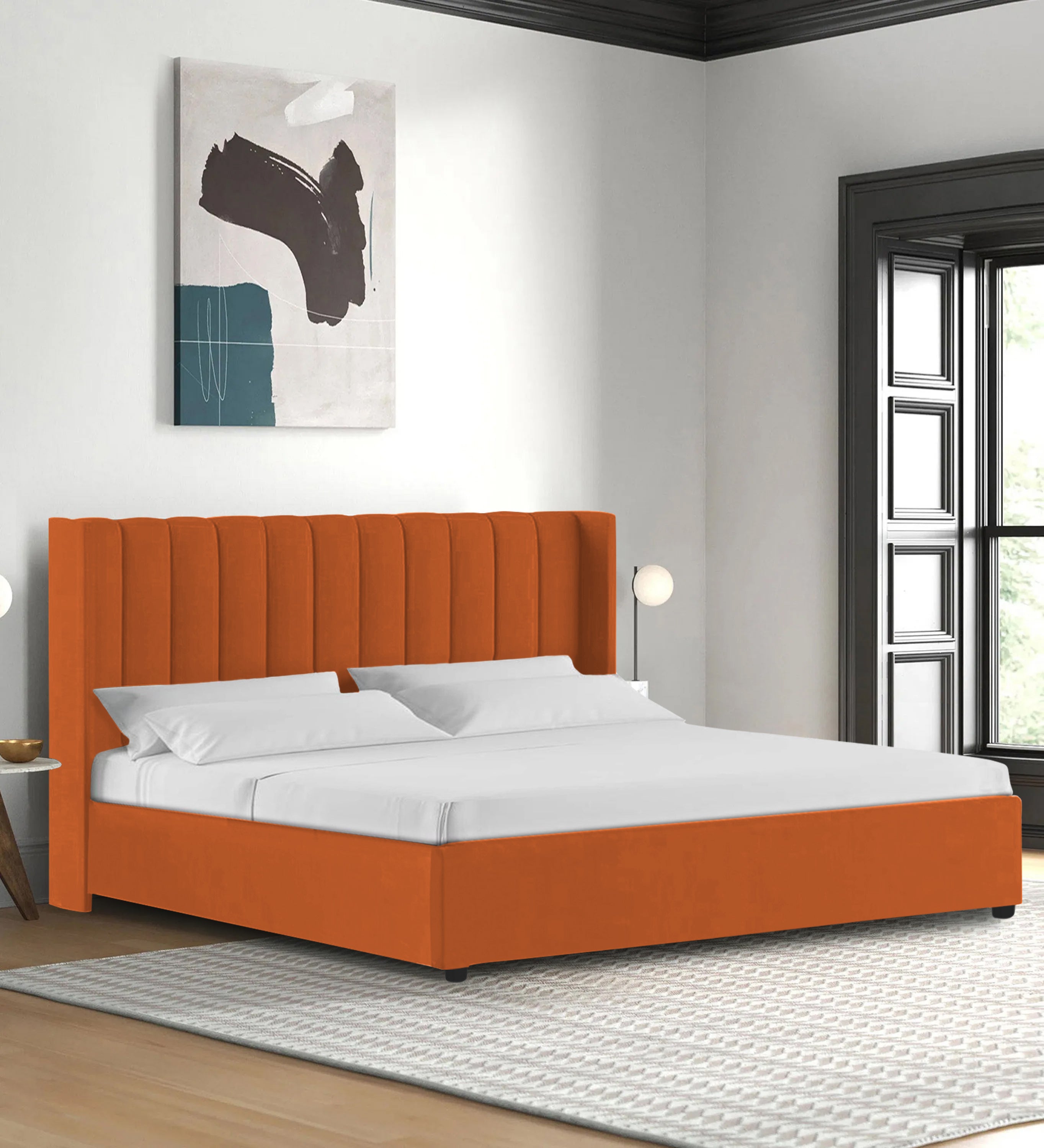 Colina Fabric Queen Size Bed In Vivid Orange Colour With Box Storage