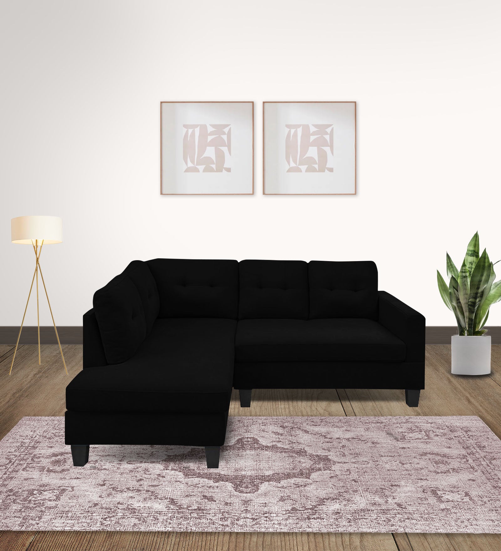 Thomas Fabric RHS Sectional Sofa (2+Lounger) in Zed Black Colour