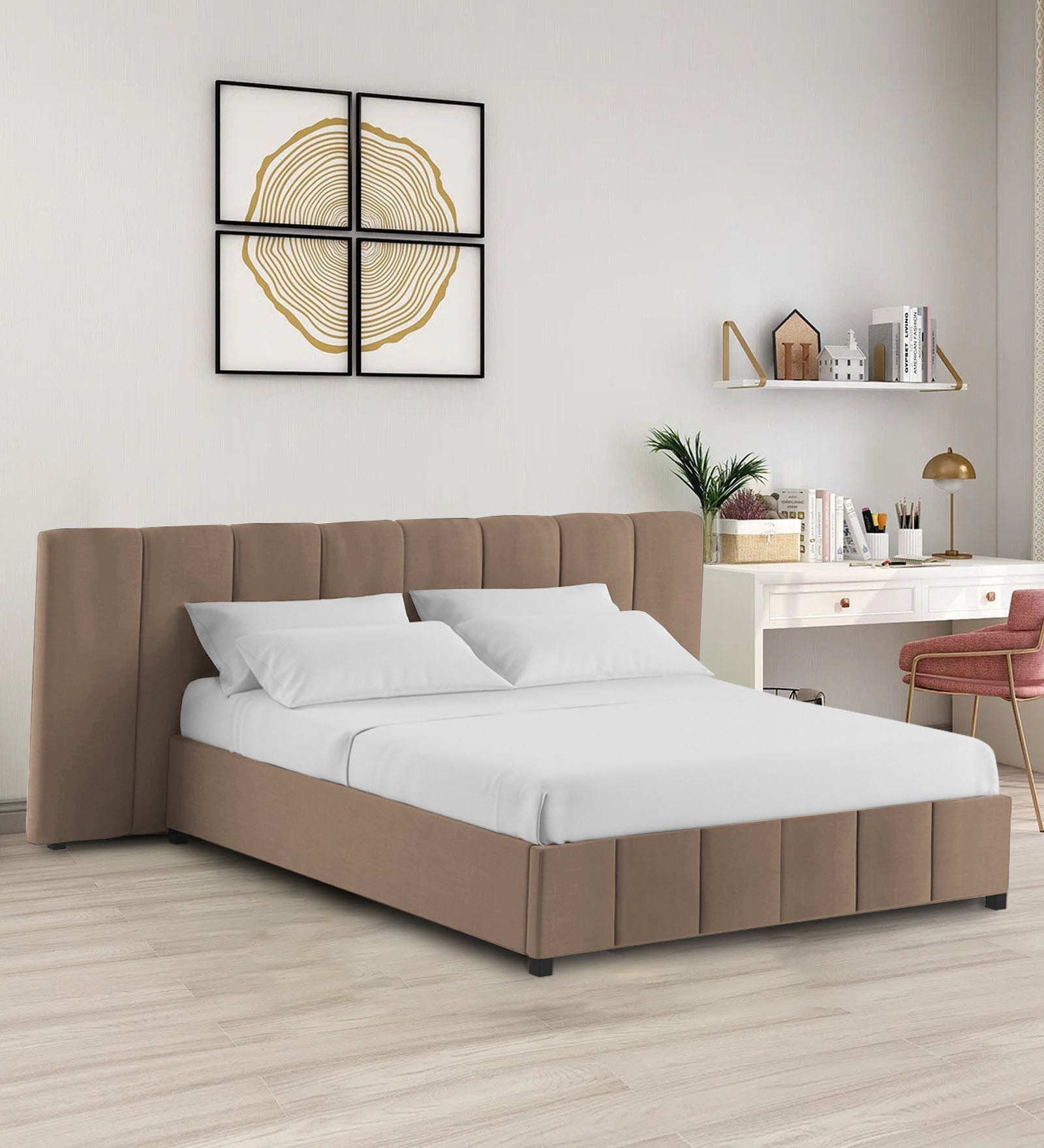Nora Fabric Queen Size Bed In Cookie Beige Colour With Box Storage