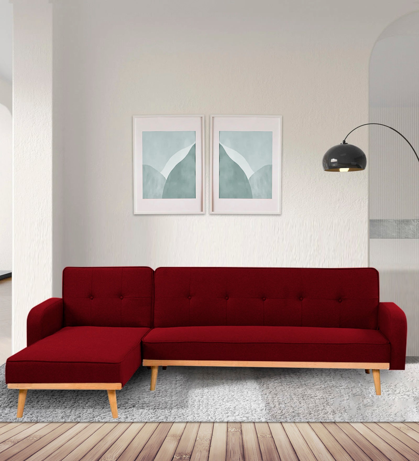 Zuno Fabric RHS Sectional + Sofa Cum Bed In Ruby Red Colour