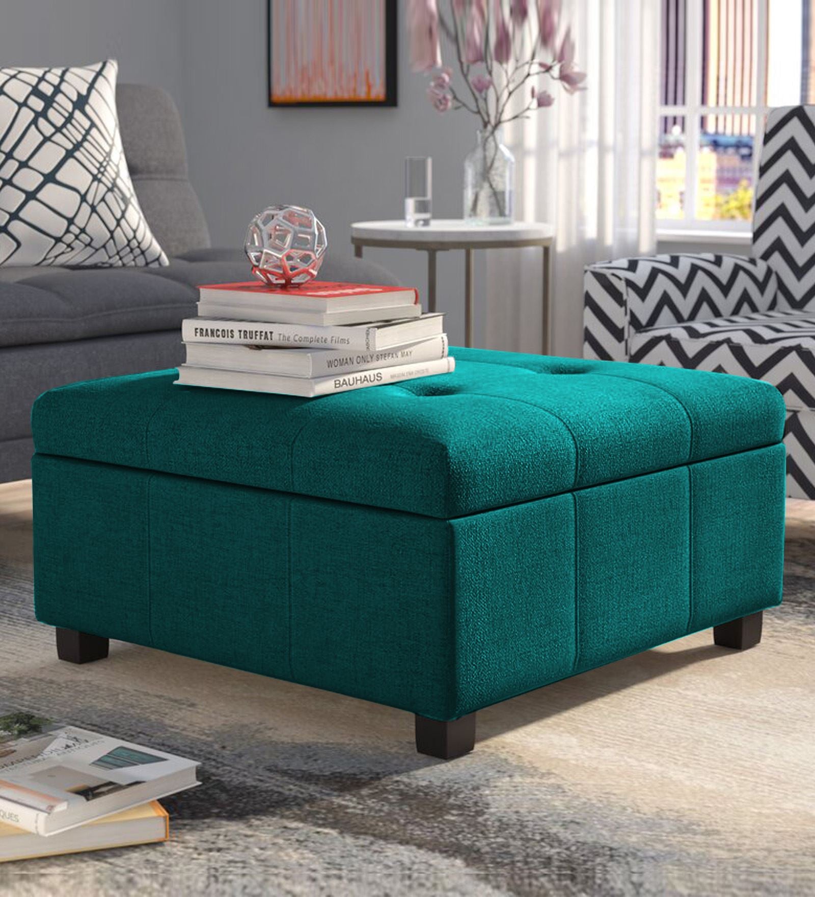 Mubila Fabric Ottoman In Sea Green Colour With Storage