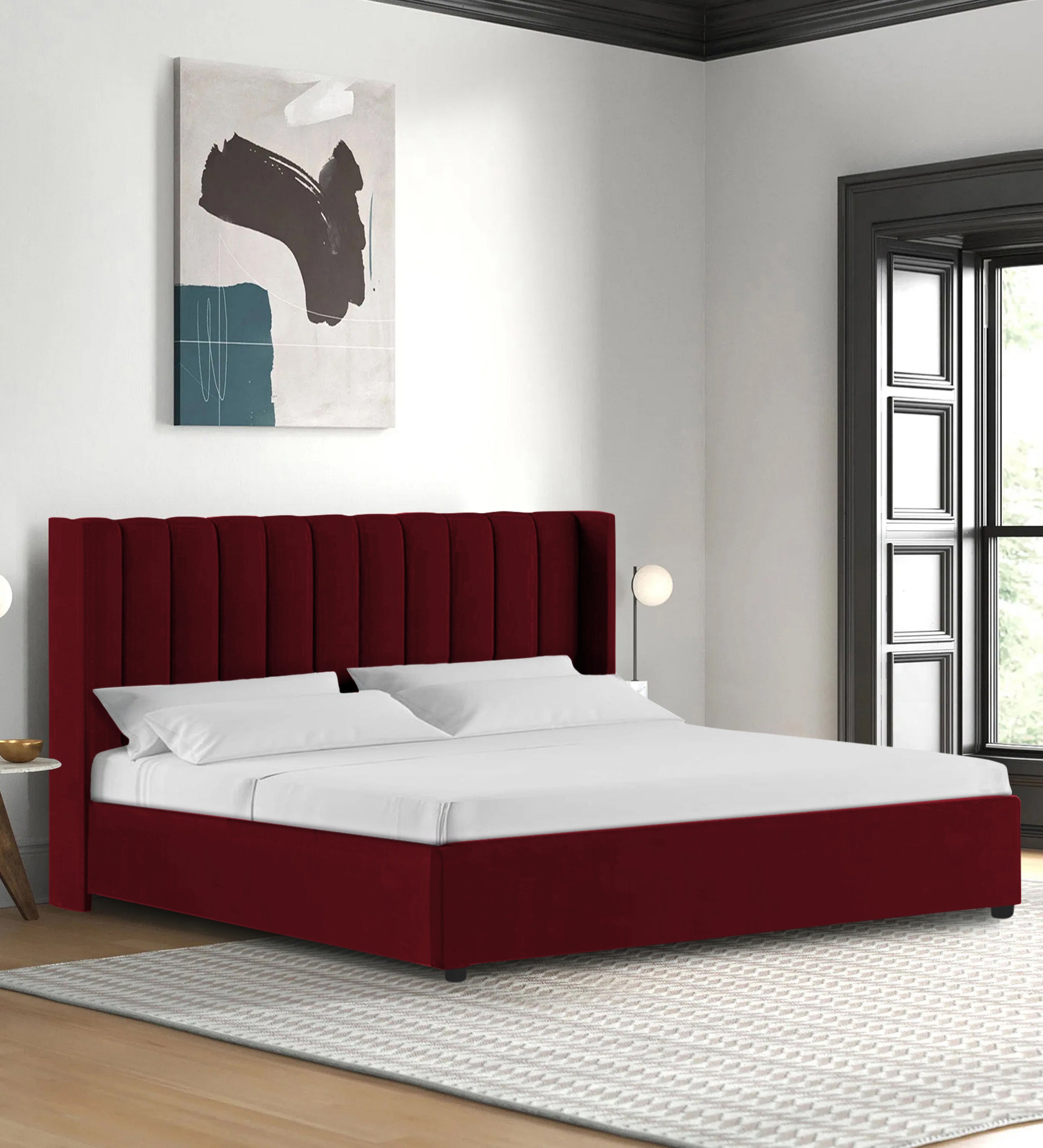 Colina Fabric Queen Size Bed In Ruby Red Colour With Box Storage