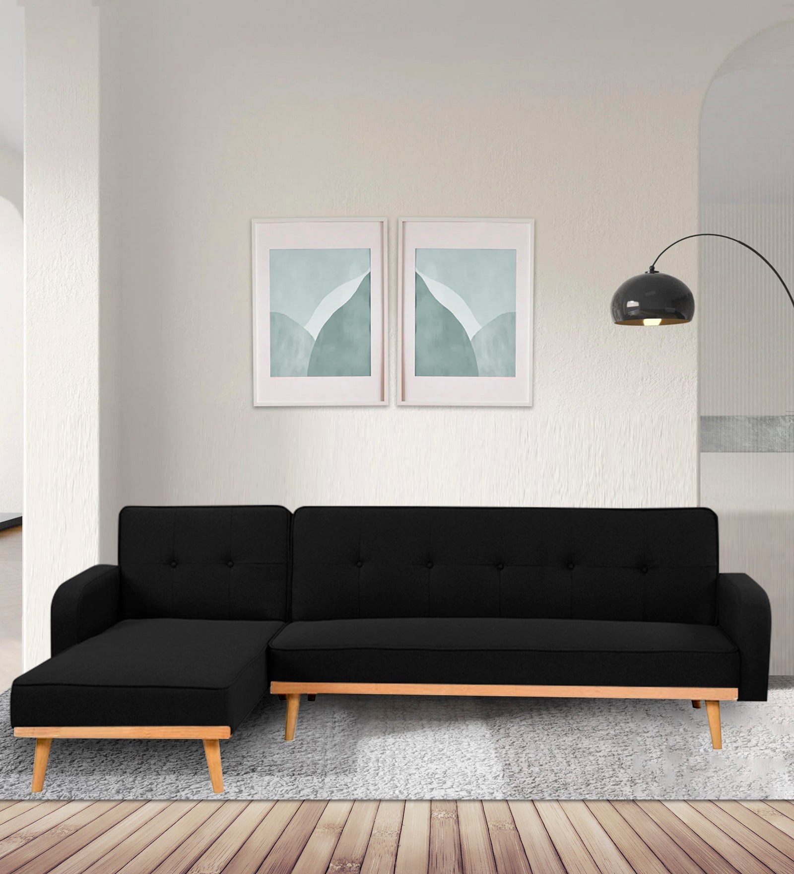 Zuno Fabric RHS Sectional + Sofa Cum Bed In Zed Black Colour