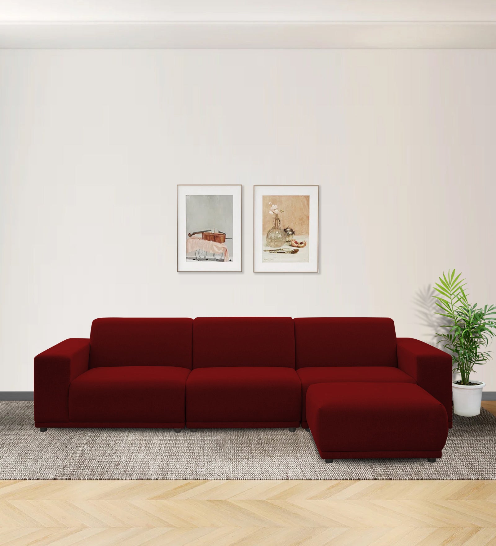 Adam Fabric LHS Sectional Sofa (3 + Lounger) In Blood Maroon Colour